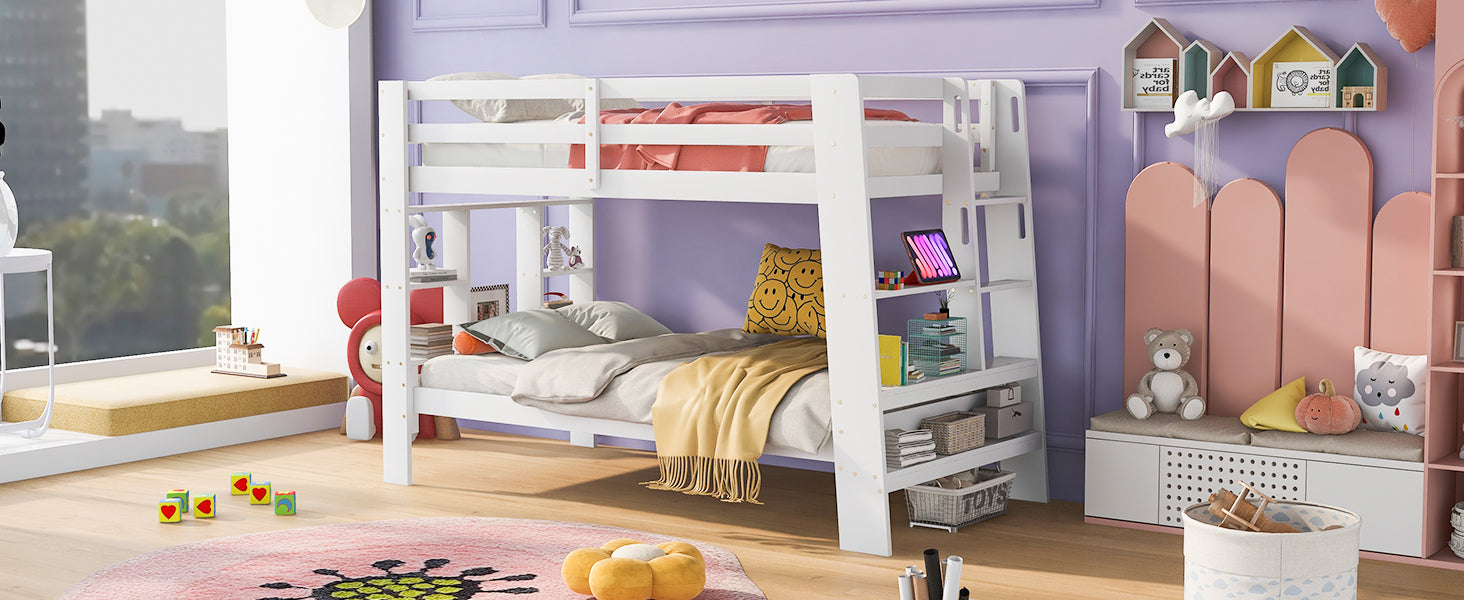 Twin over Twin Bunk Bed with Shelves and Built-in Ladder, White