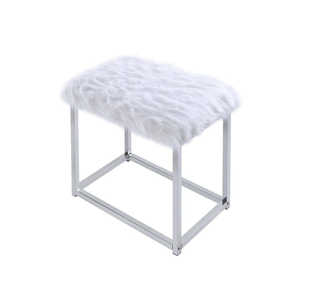 Vanity Mirror & Stool, Faux Fur, Mirror, White & Chrome Finish AC00935
