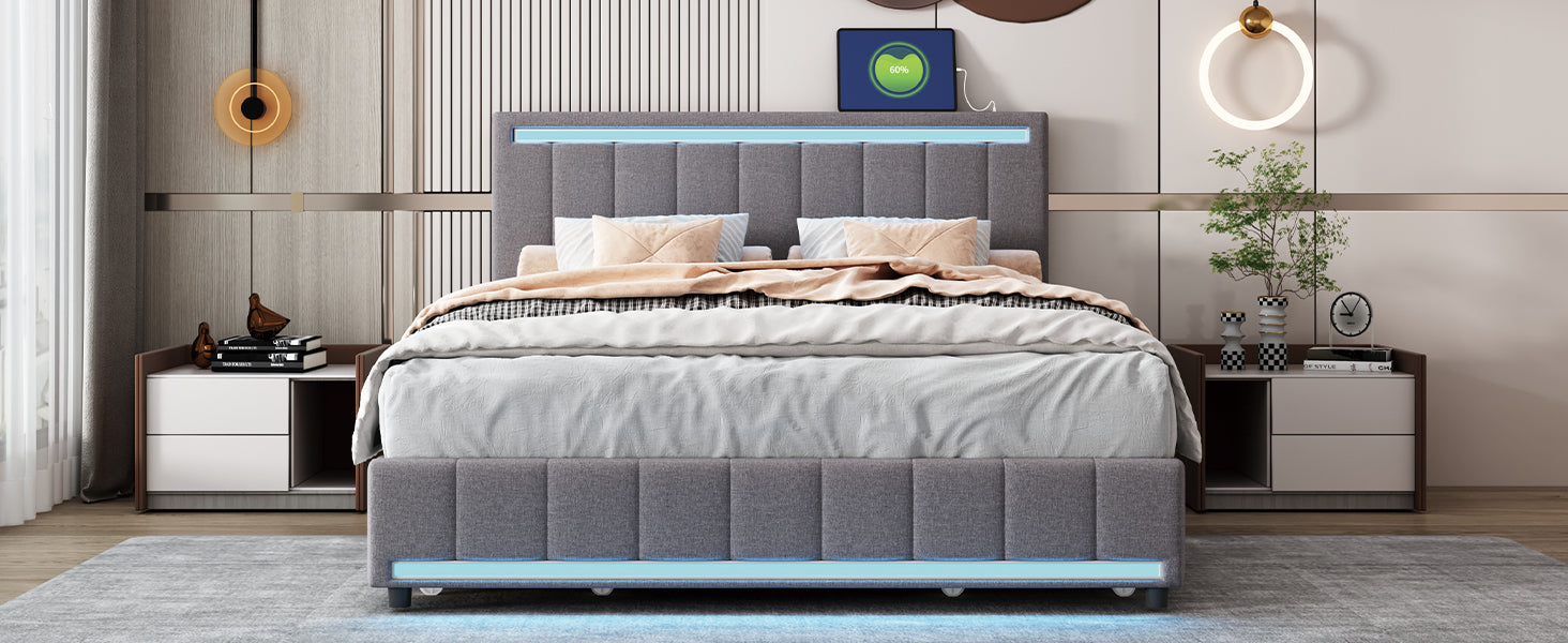 Queen Size Upholstered Bed with LED Light and 4 Drawers, Modern Platform Bed with a set of Sockets and USB Ports, Linen Fabric, Beige