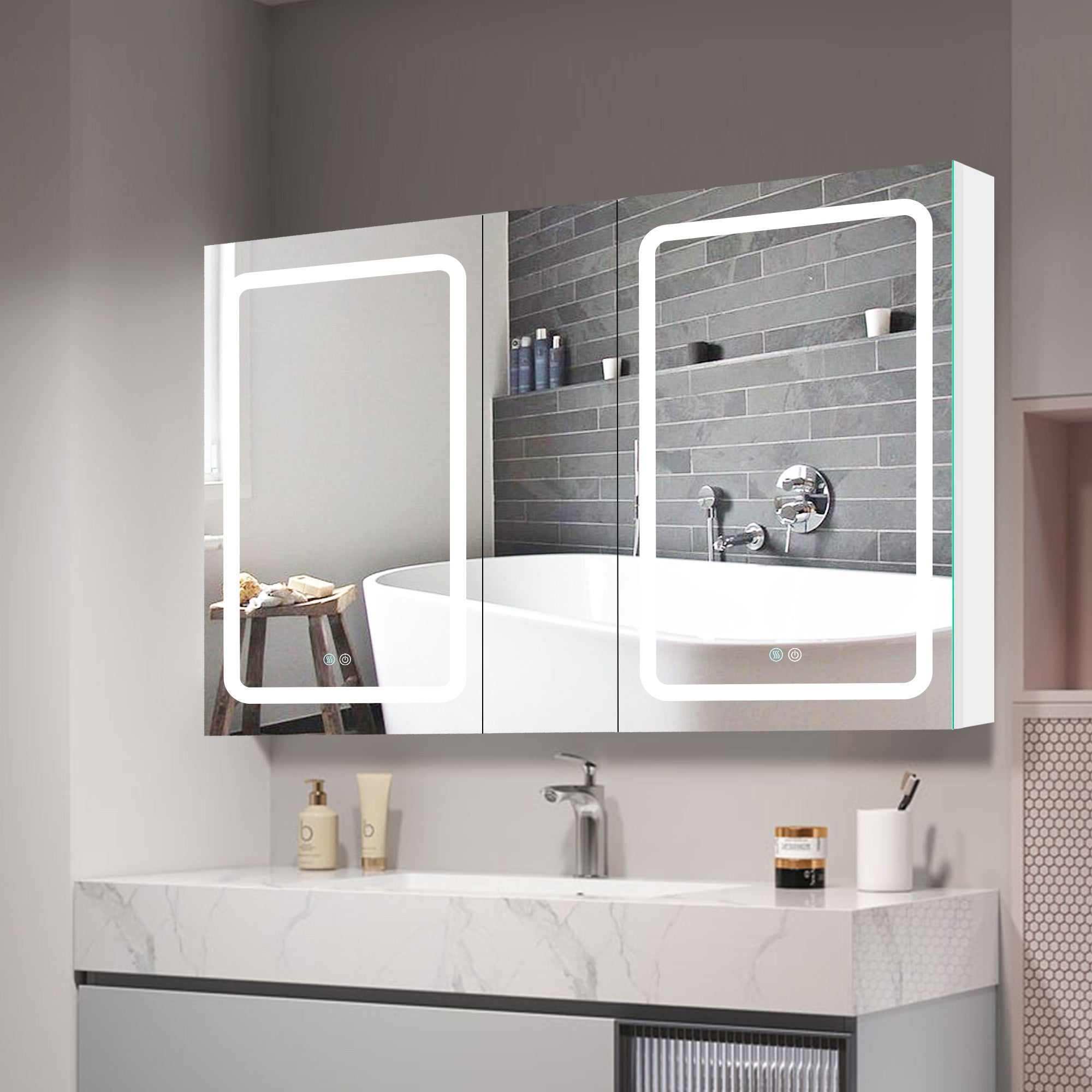 50x30 Inch LED Bathroom Medicine Cabinet Surface Mount Double Door Lighted Medicine Cabinet, Medicine Cabinets for Bathroom with Mirror Defogging, Dimmer White