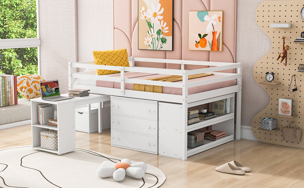 Full Size Loft Bed with Retractable Writing Desk and 3 Drawers, Wooden Loft Bed with Storage Stairs and Shelves, White