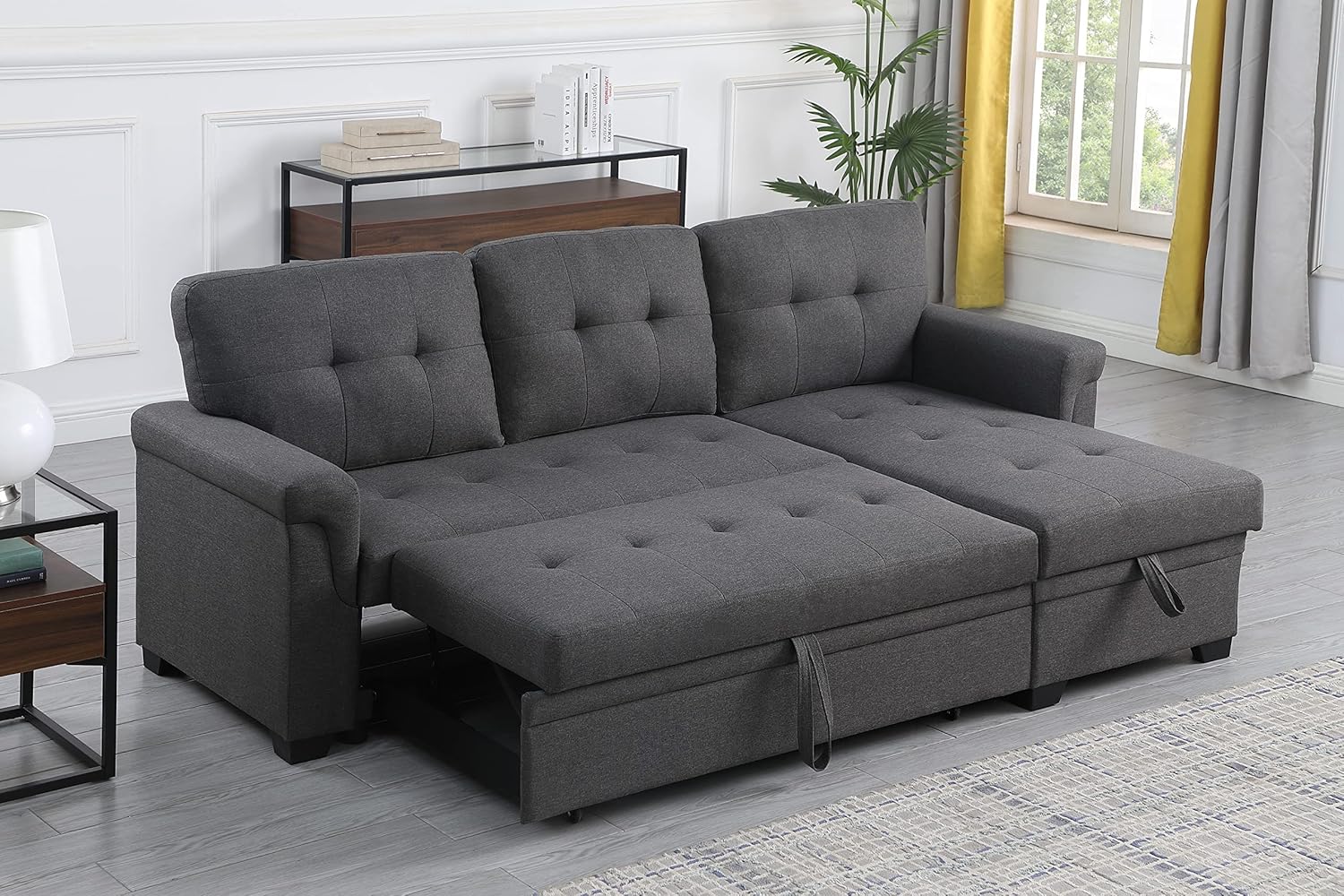 FurniFusion L-Shape Reversible Linen Fabric Sleeper Sectional Sofa with Storage Chaise