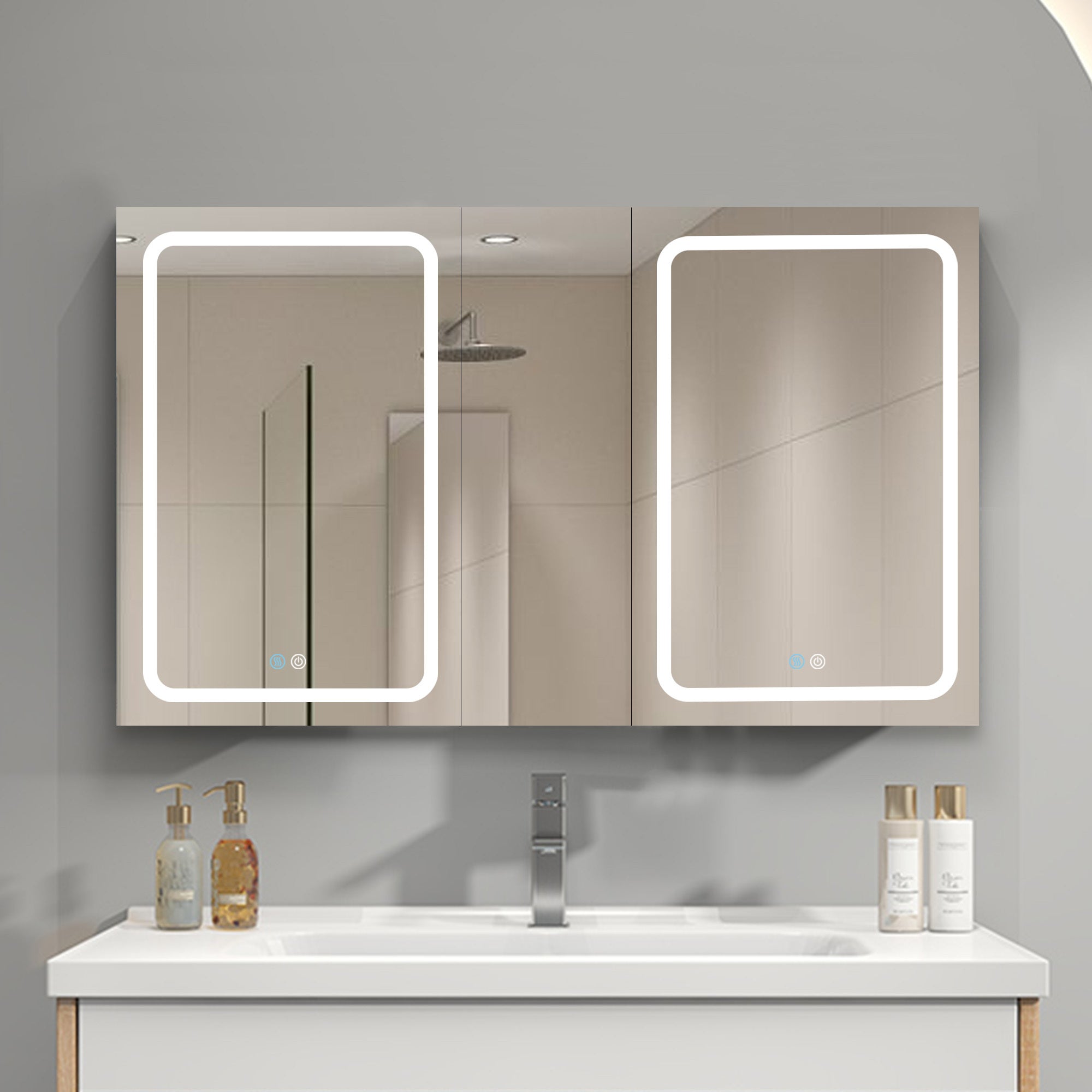 50x30 Inch LED Bathroom Medicine Cabinet Surface Mount Double Door Lighted Medicine Cabinet, Medicine Cabinets for Bathroom with Mirror Defogging, Dimmer White