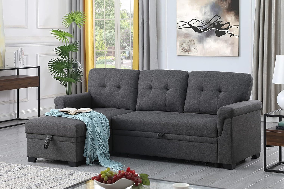 FurniFusion L-Shape Reversible Linen Fabric Sleeper Sectional Sofa wit ...