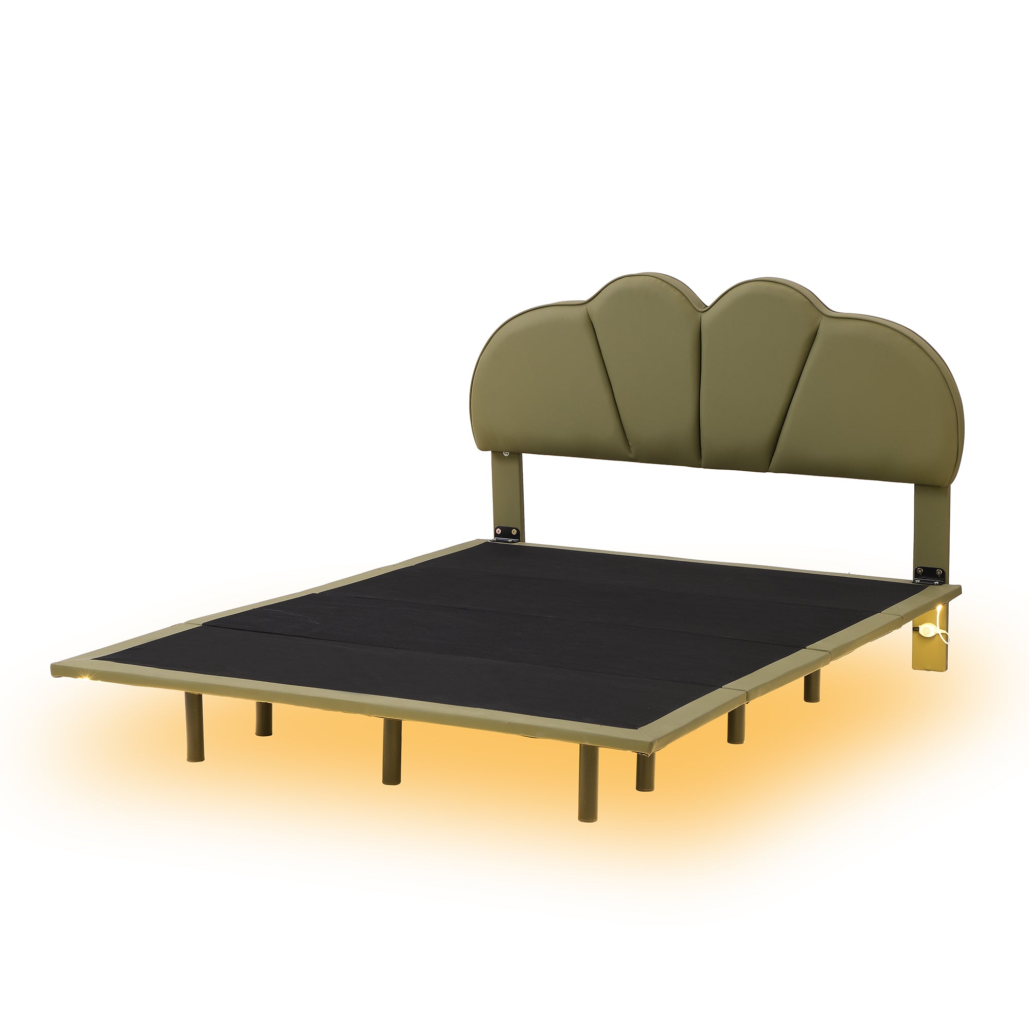 Full Size Upholstery Platform Bed with PU Leather Headboard and Support Legs,Underbed LED Light,Green