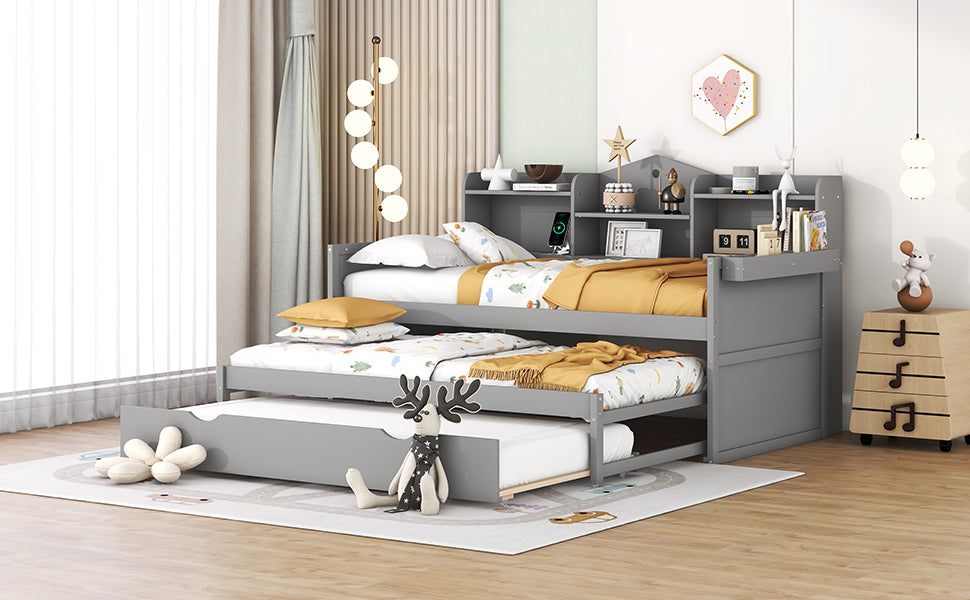 Twin XL Wooden Daybed with 2 Twin Trundles and Storage Shelf, Daybed with USB Charging Ports, No Box-spring Needed, Gray