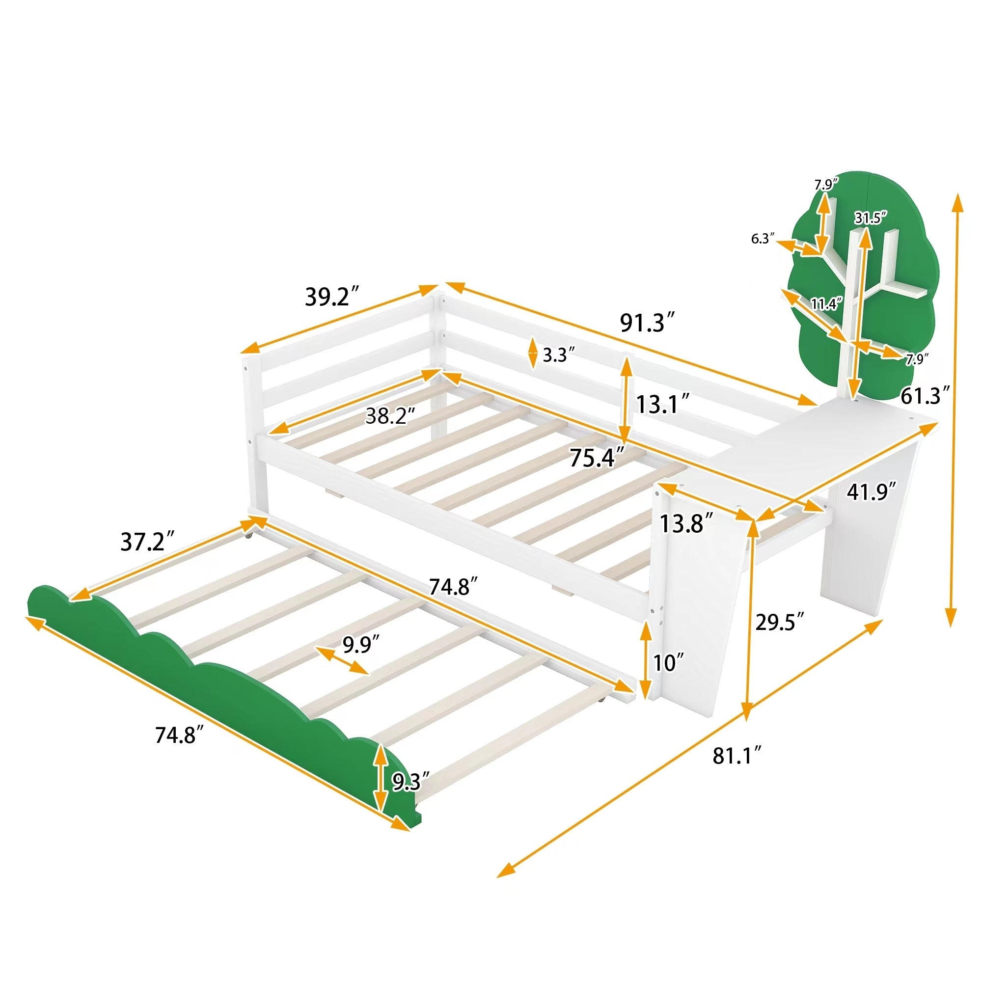 Twin Size Daybed with Desk, Green Tree Shape Shelves and Trundle, White