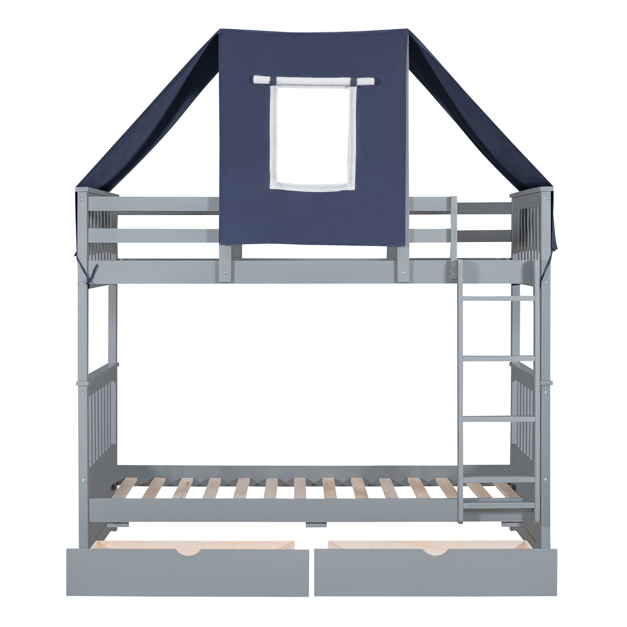 Twin Over Twin Bunk Bed Wood Bed with Tent and Drawers, Gray+Blue Tent