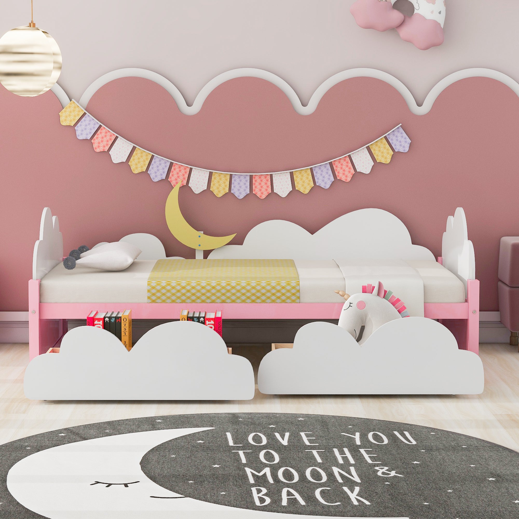 Twin Size Bed with Moon Decor, Platform Bed with 2 Drawers (White+Pink)