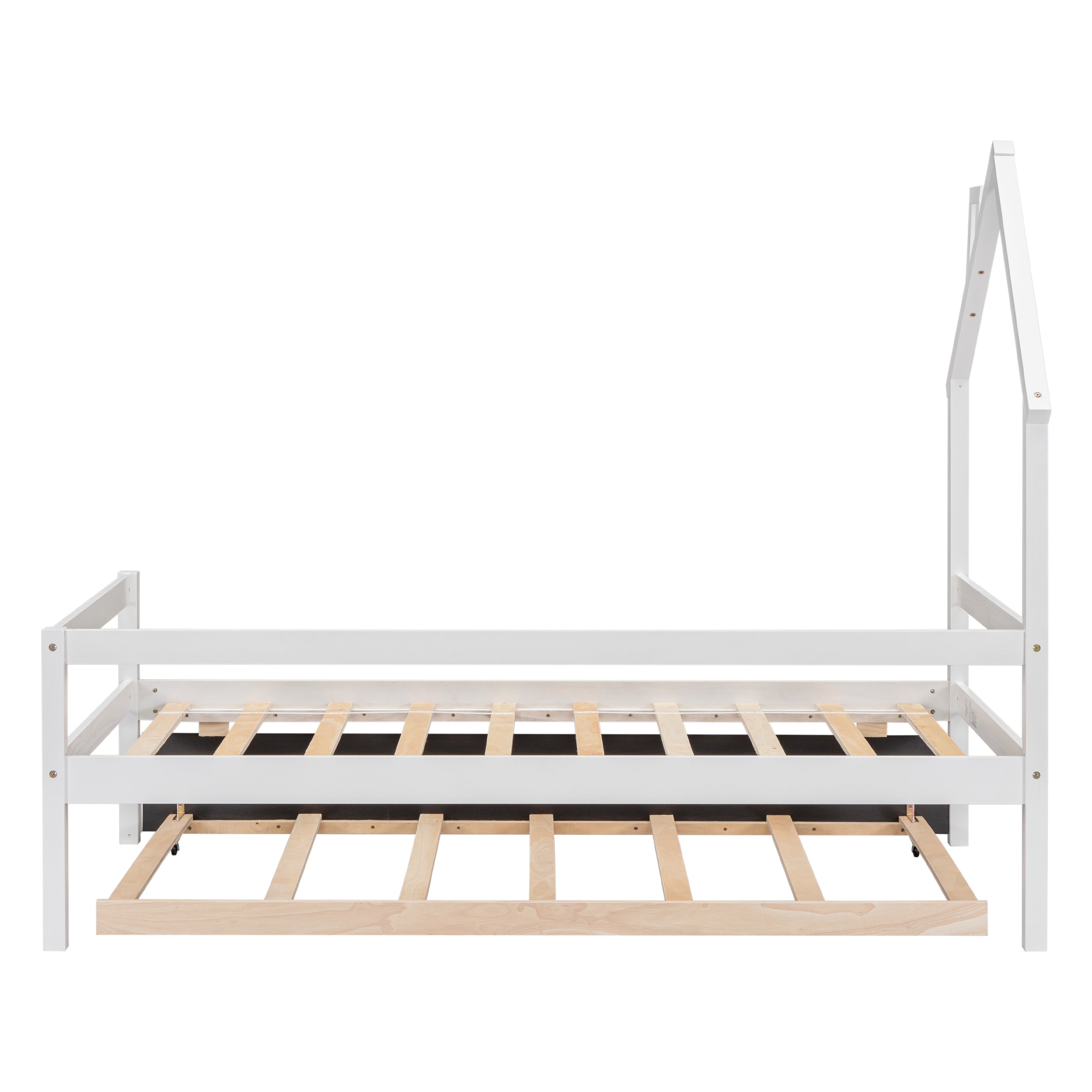 Twin Wooden Daybed with trundle, Twin House-Shaped Headboard bed with Guardrails,White