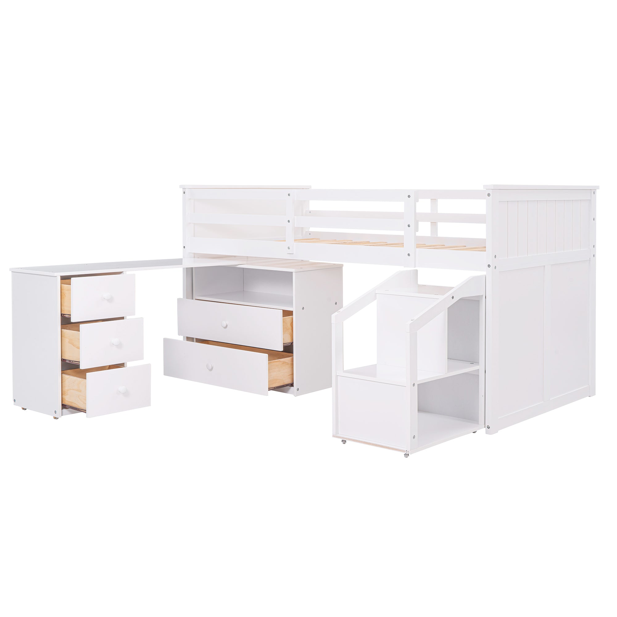 Loft Bed Low Study Twin Size Loft Bed With Storage Steps and Portable,Desk,White(OLD SKU: LT000101AAK)