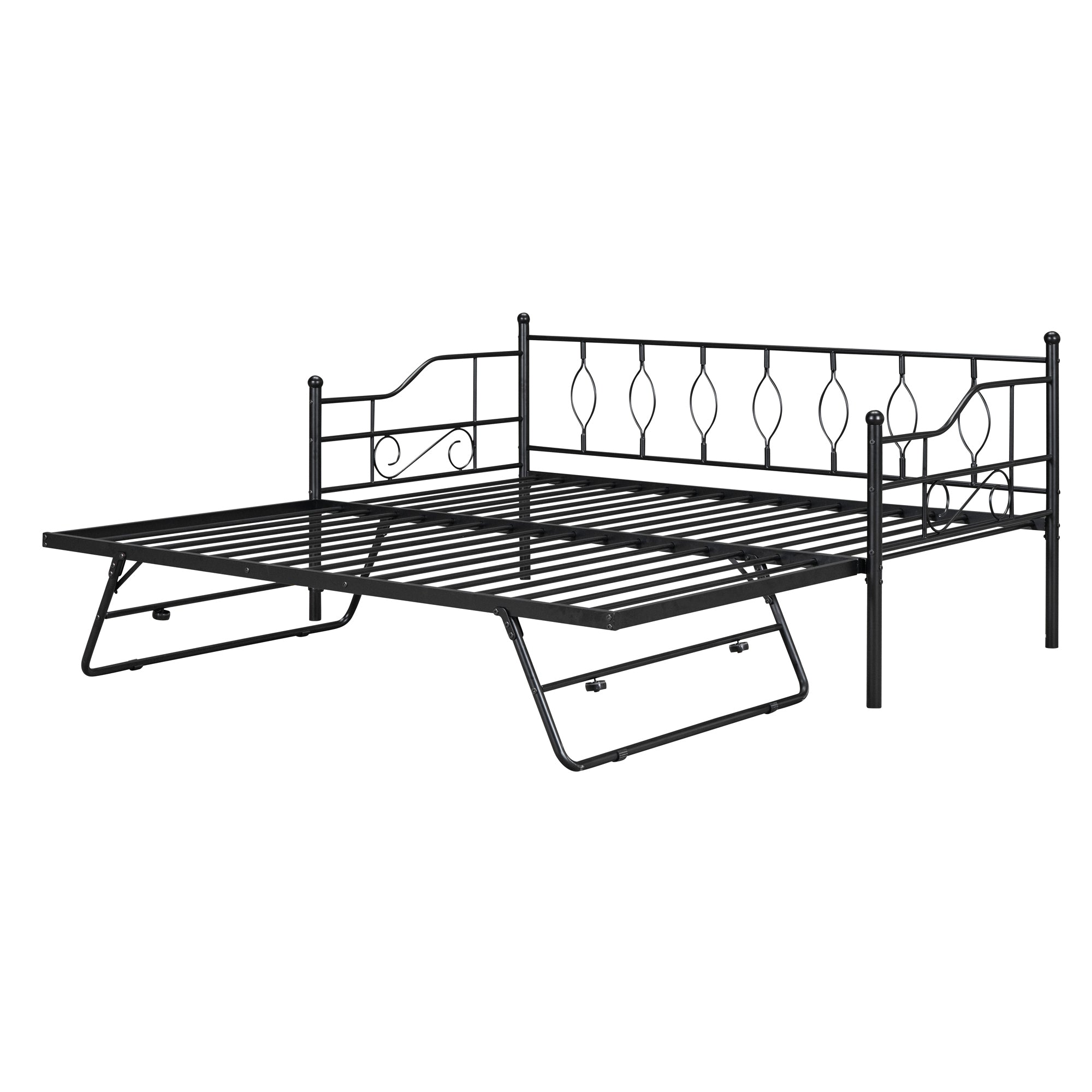 Twin Size Metal Daybed with Twin Size Adjustable Trundle, Portable Folding Trundle, Black