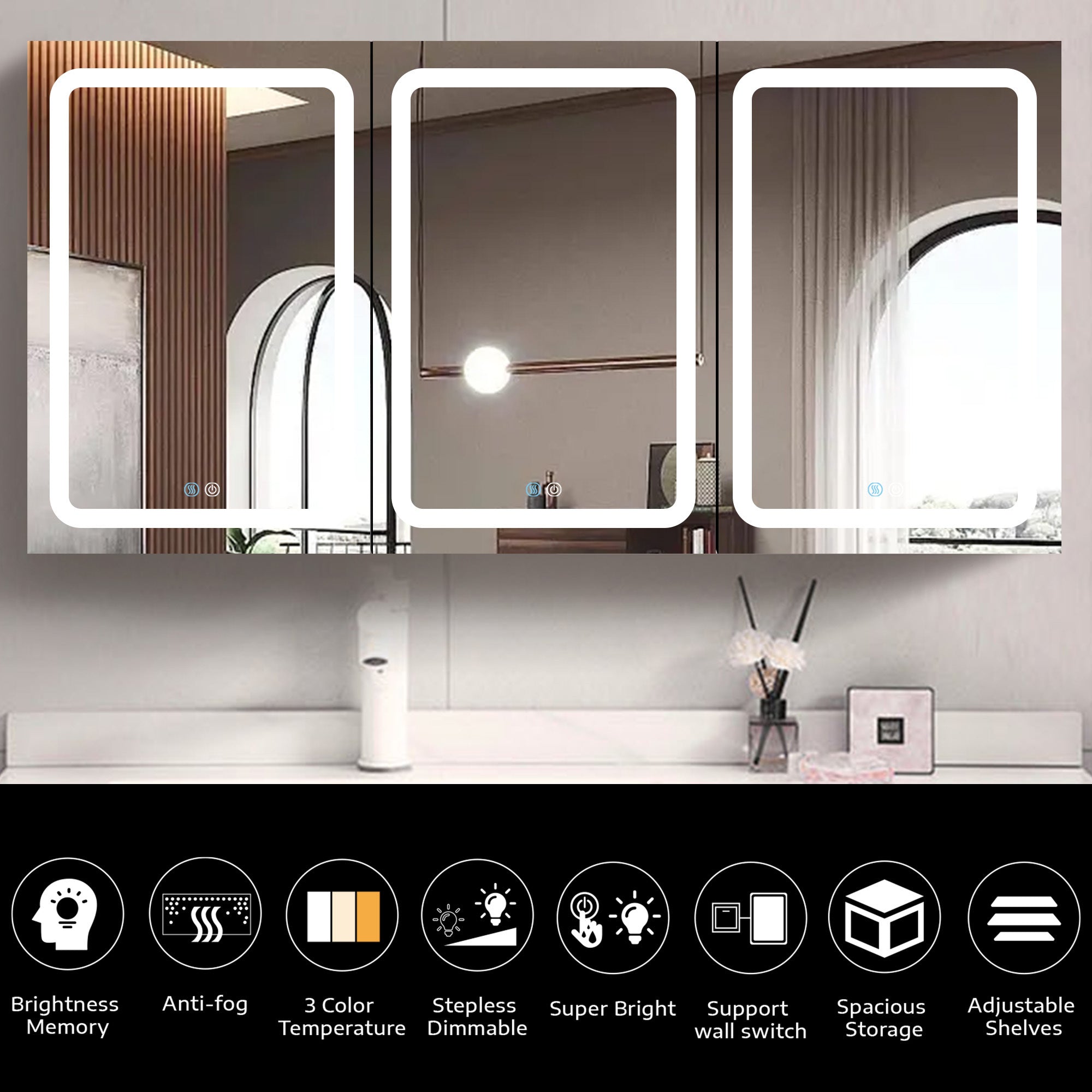 60x30 Inch LED Bathroom Medicine Cabinet Surface Mount Double Door Lighted Medicine Cabinet, Medicine Cabinets for Bathroom with Mirror Defogging, Dimmer Black