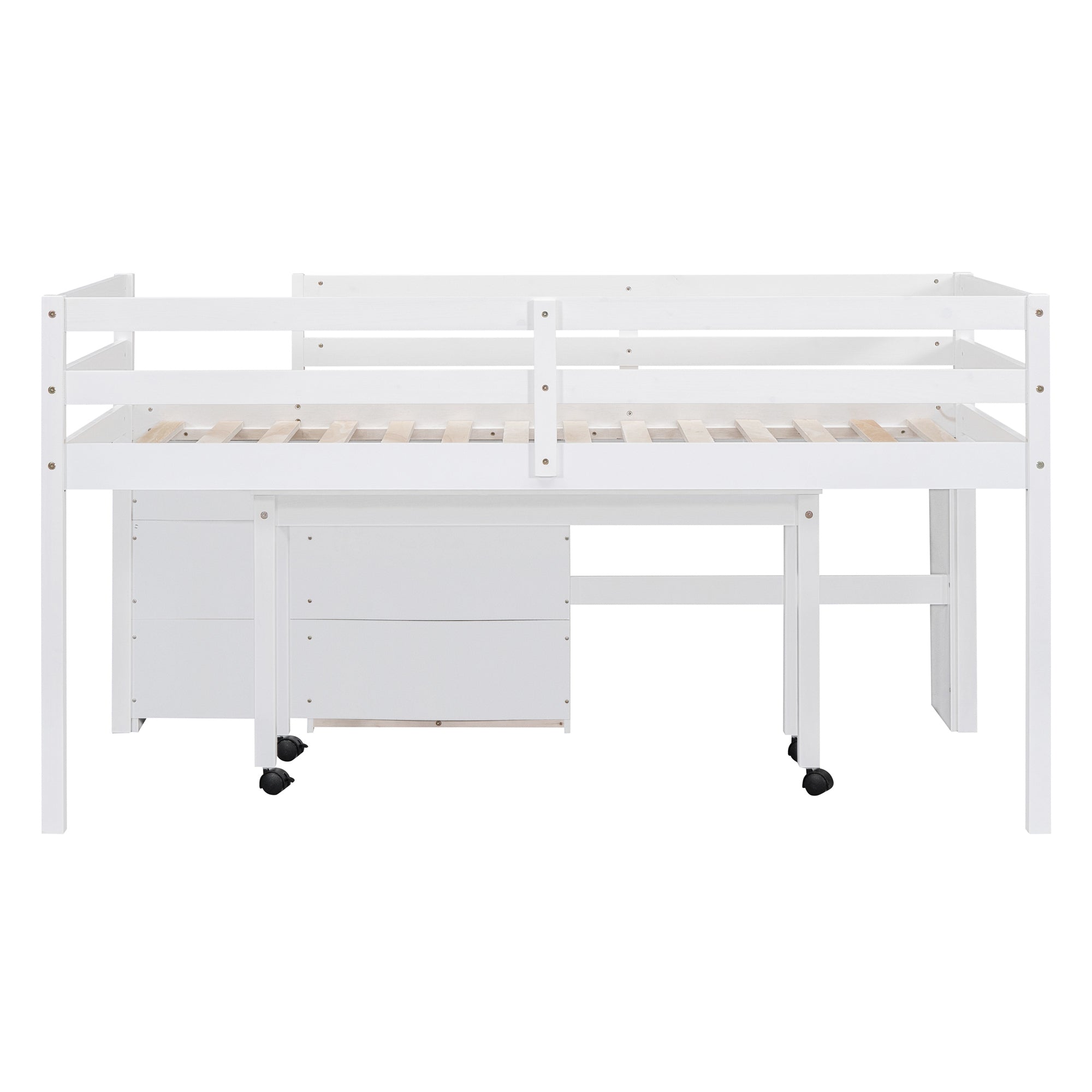 Twin Size Loft Bed with Desk and Drawers, Wooden Loft Bed with Lateral Portable Desk, White