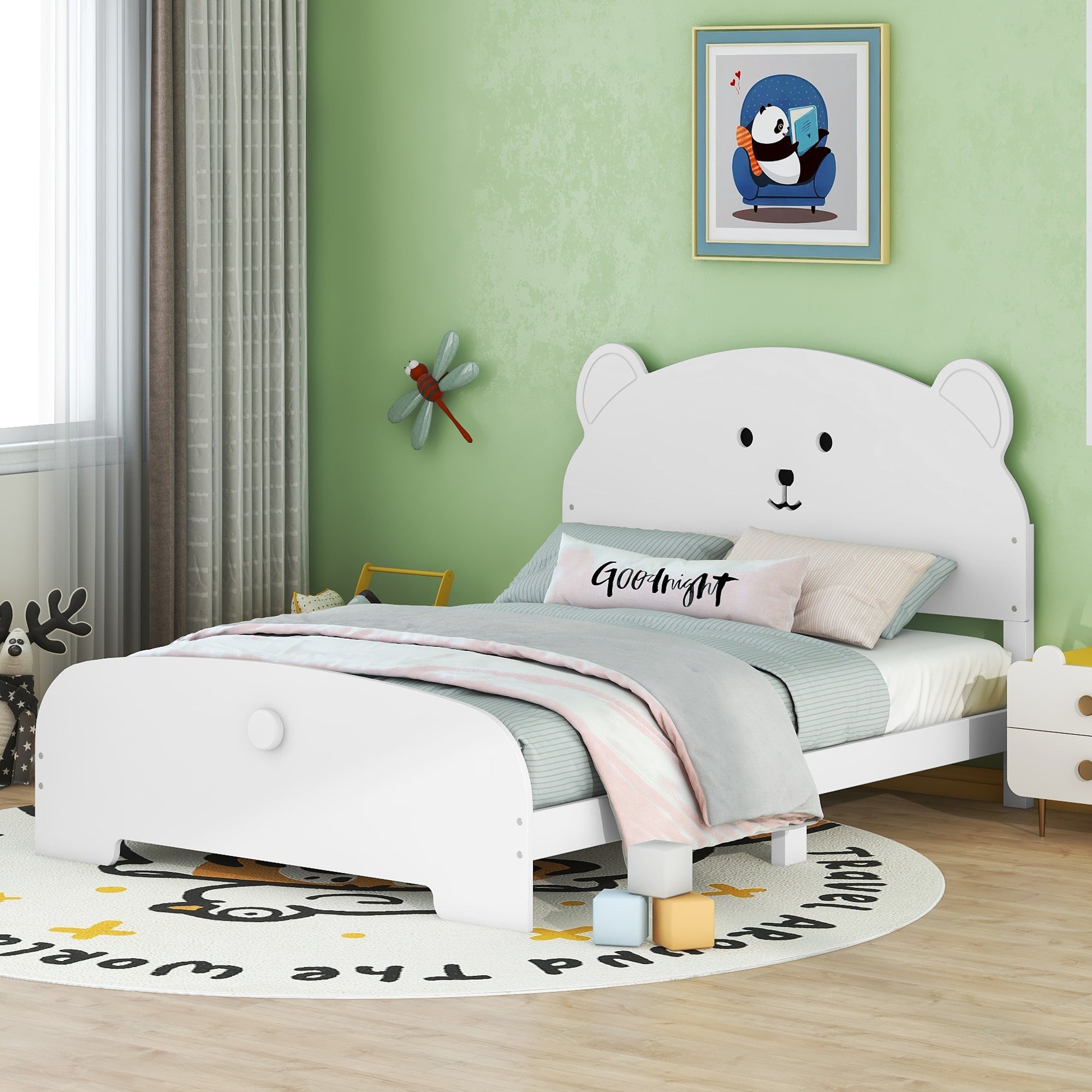 Full Size Wood Platform Bed with Bear-shaped Headboard and Footboard,White