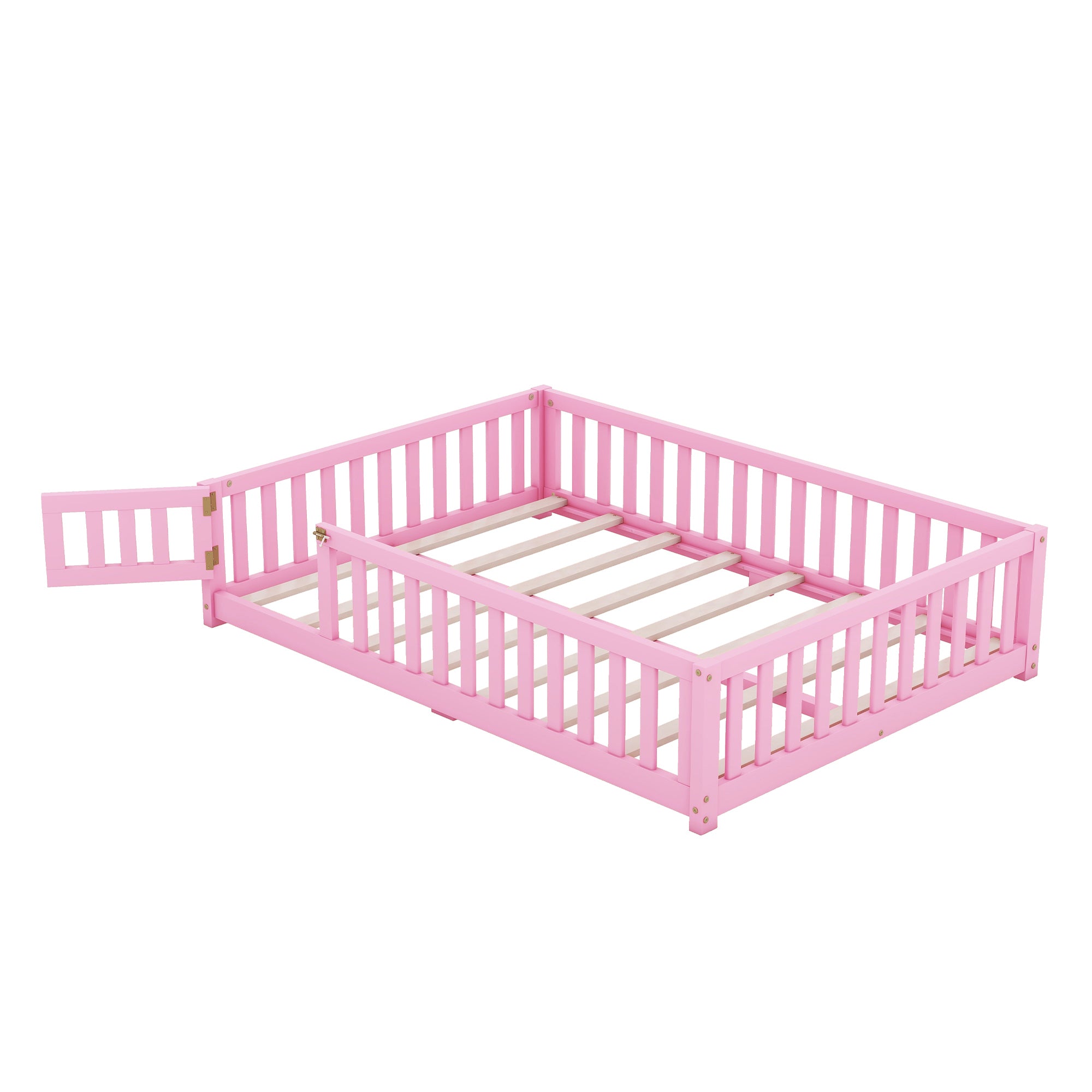 Full Size Bed Floor Bed with Safety Guardrails and Door for Kids, Pink (Expect Arrival Date Nov.2nd)