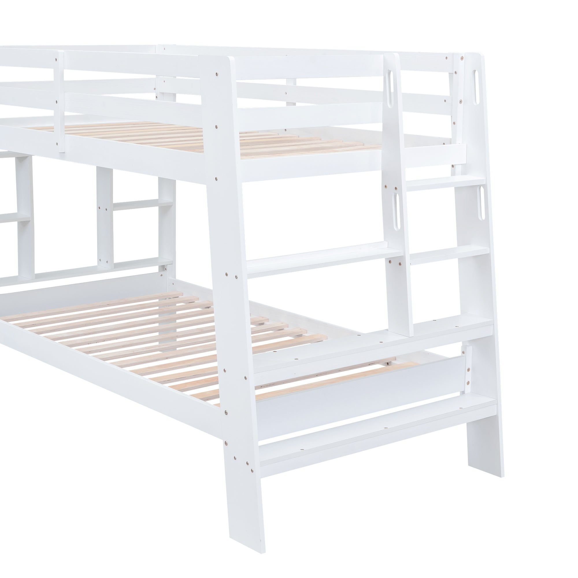 Twin over Twin Bunk Bed with Shelves and Built-in Ladder, White