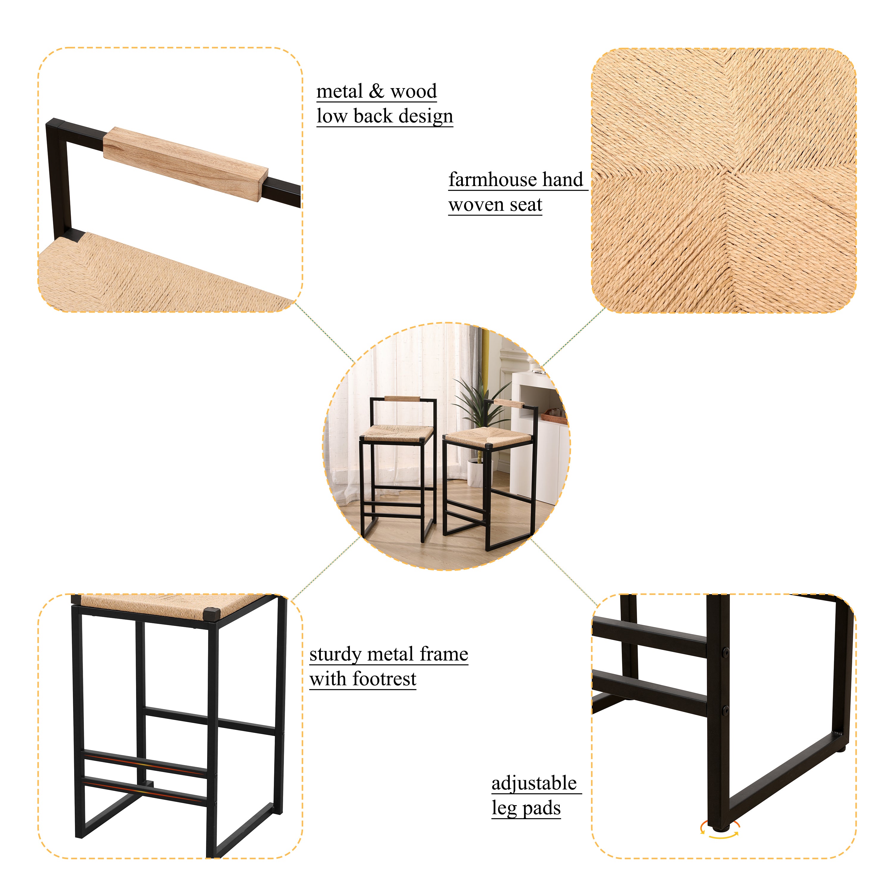 Set of 2 Bar Stools with Back Paper Rope Woven Counter Height Dining Chairs for Kitchen, Home (Paper Rope with Back)