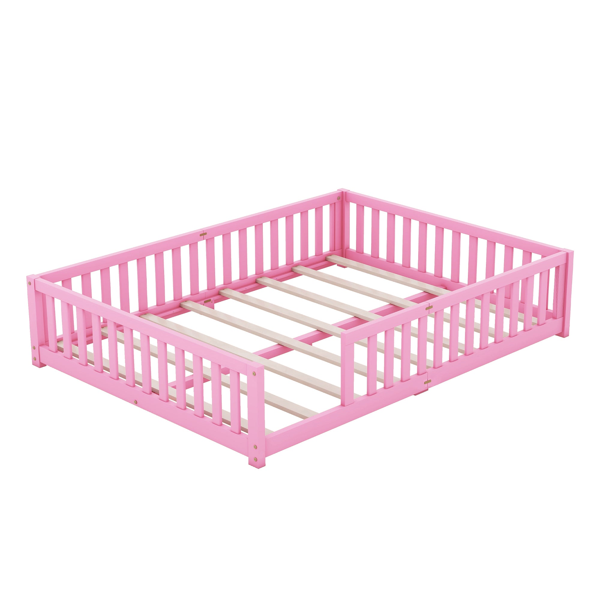 Queen Size Bed Floor Bed with Safety Guardrails and Door for Kids, Pink (Expect Arrival Date Nov.2nd)