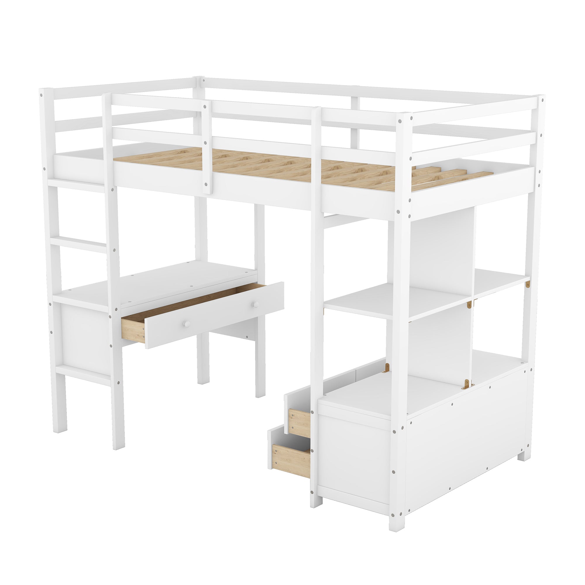 Twin Size Loft Bed with Built-in Desk with Two Drawers, and Storage Shelves and Drawers,White