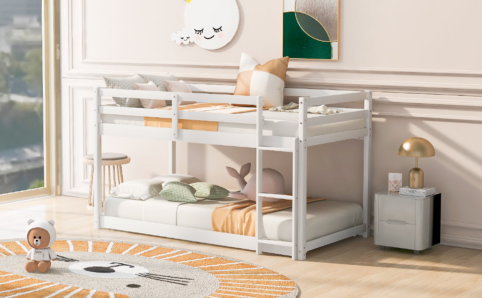 Twin over Twin Floor Bunk Bed with Ladder, White(Old SKU:WF293017AAK)