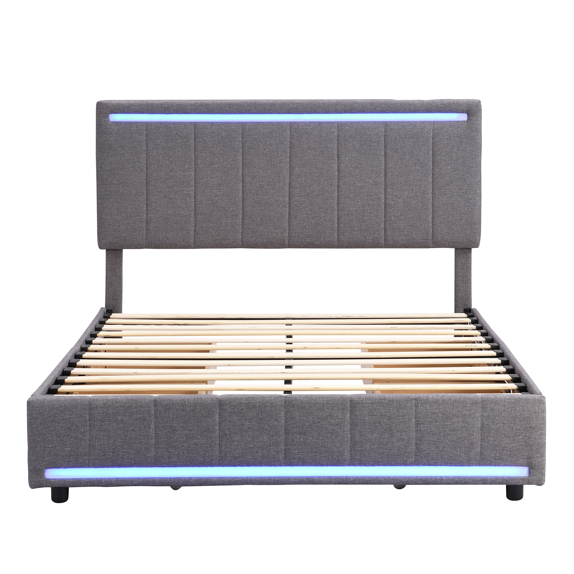 Full Size Upholstered Bed with LED Light and 4 Drawers, Modern Platform Bed with a set of Sockets and USB Ports, Linen Fabric, Gray