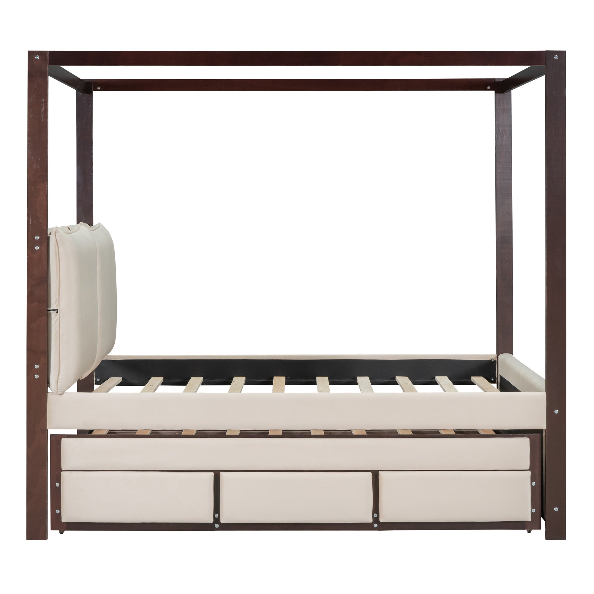 Full Size Upholstered Canopy Bed with Trundle and 3 Drawers, Beige