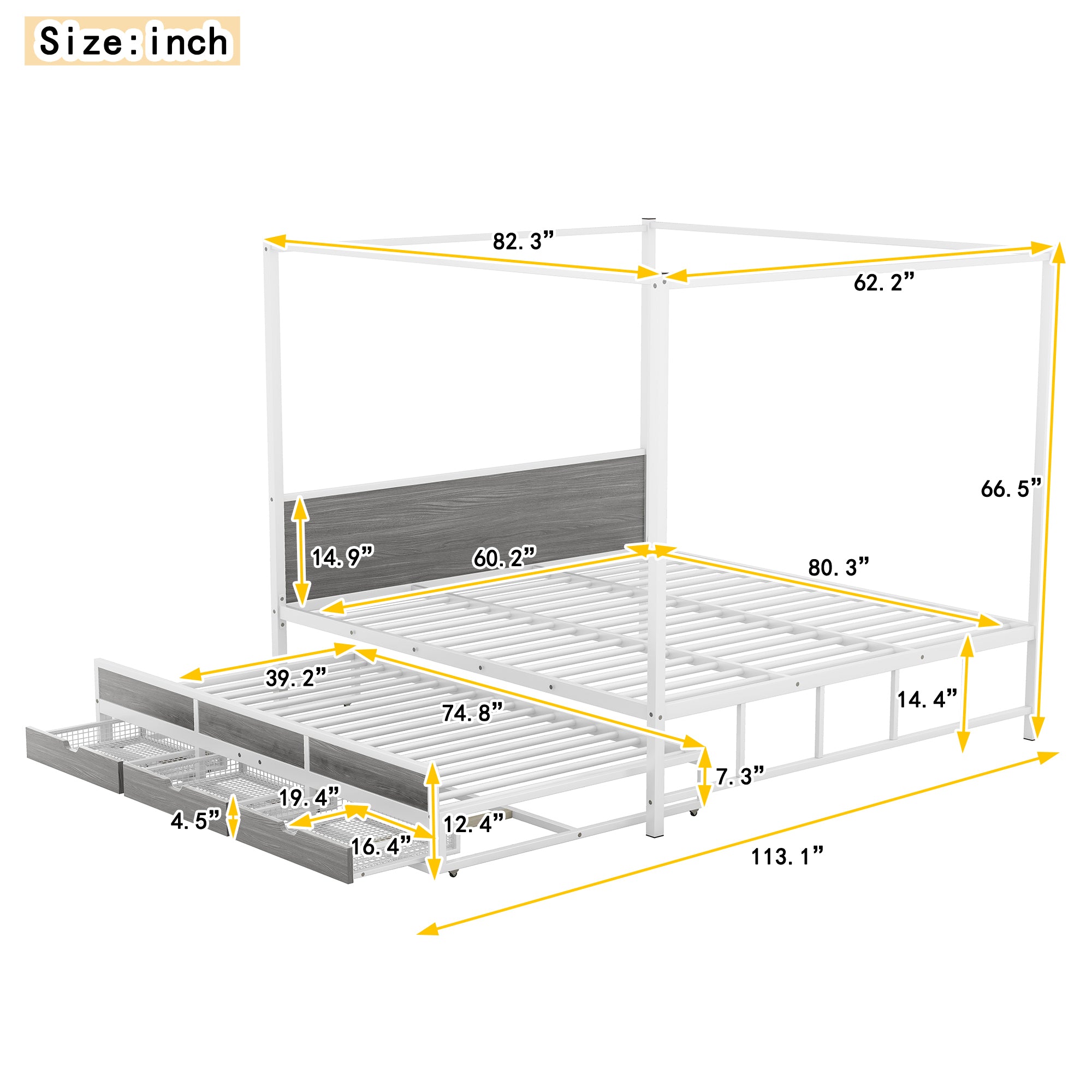 Queen Size Metal Canopy Platform Bed with Twin Size Trundle and 3 Storage Drawers, White