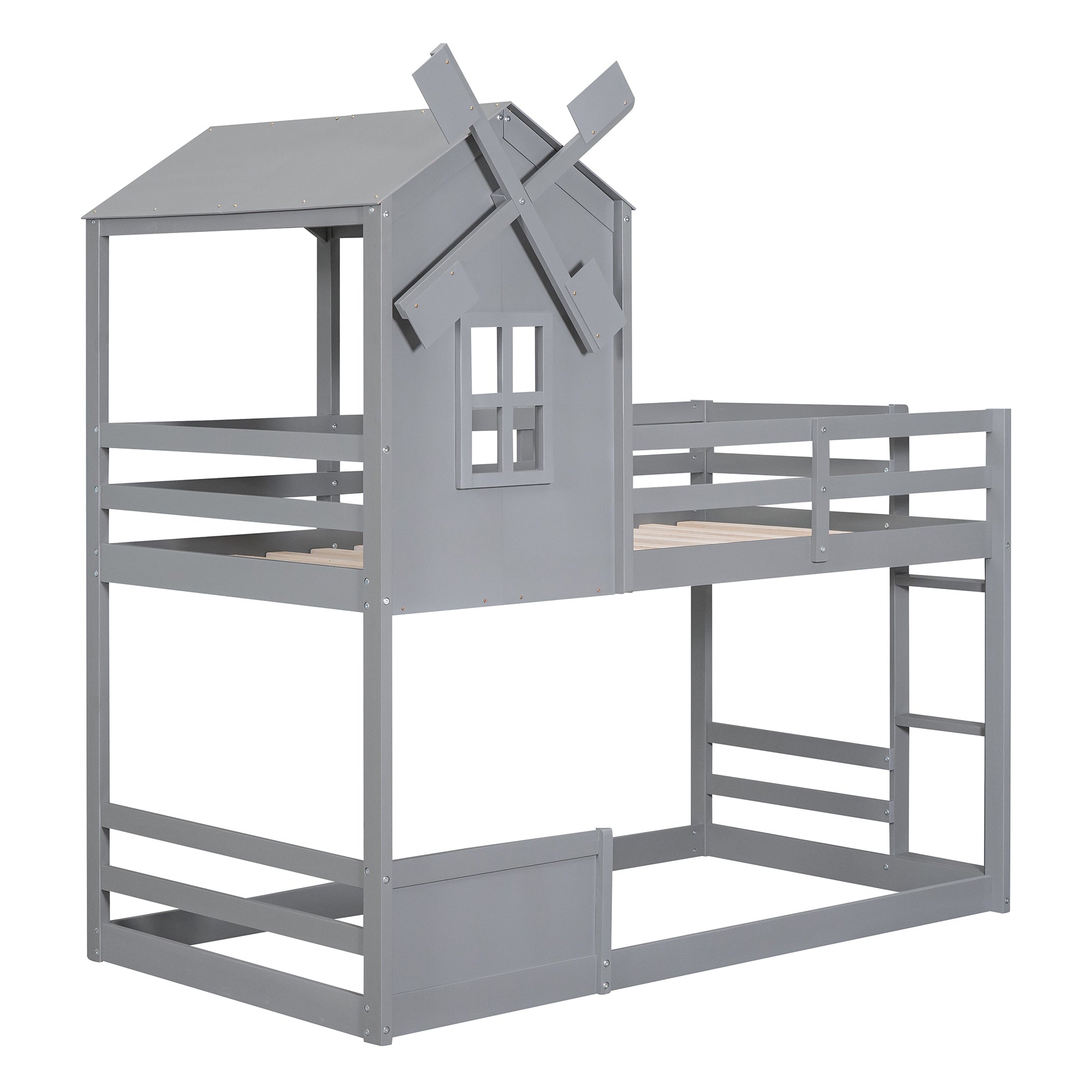 Twin over Twin Bunk Bed with Roof and Window, with Guardrails and Ladder, Gray