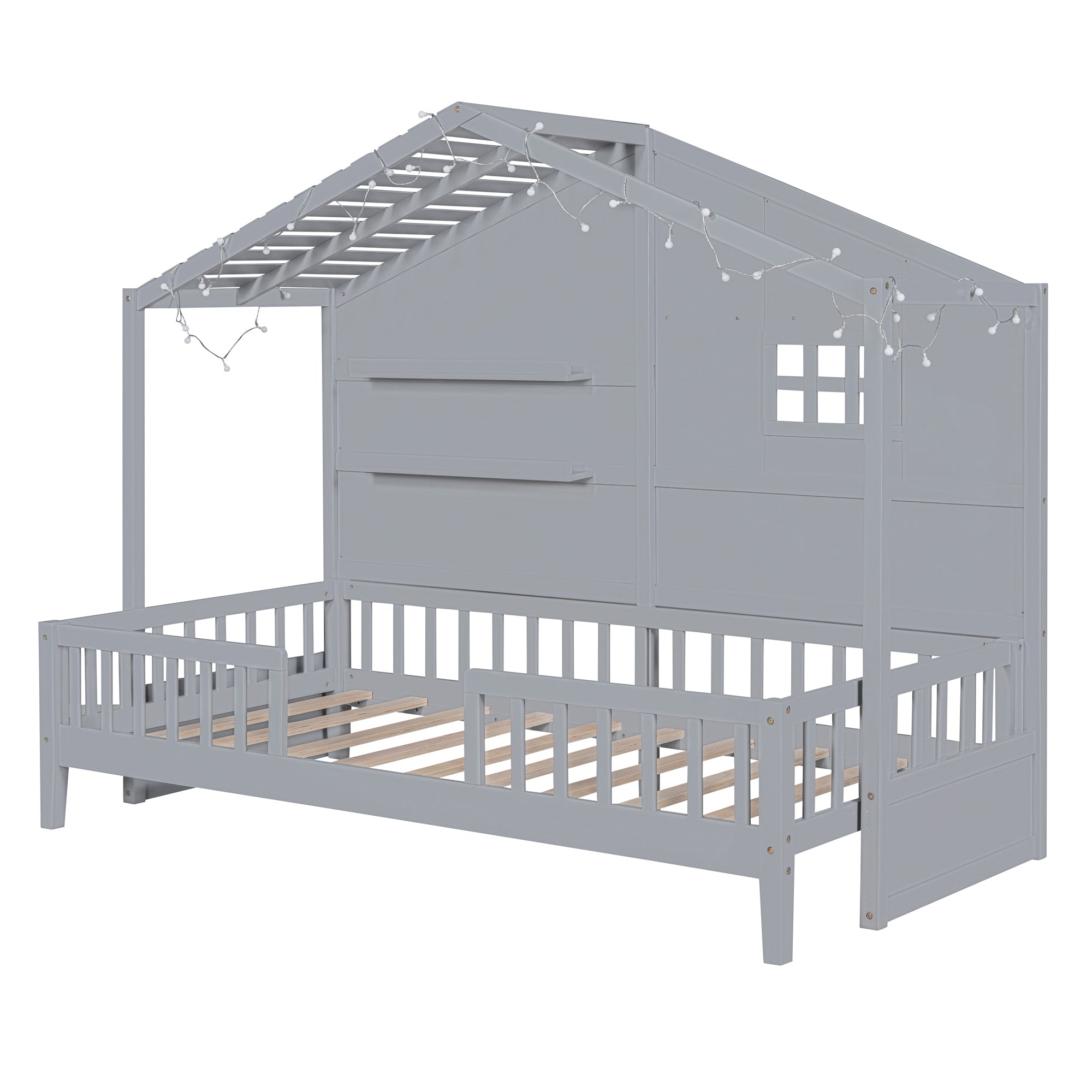 Twin Size House Bed with Shelves, House Bed with Window and Sparkling Light Strip on the Roof, Gray