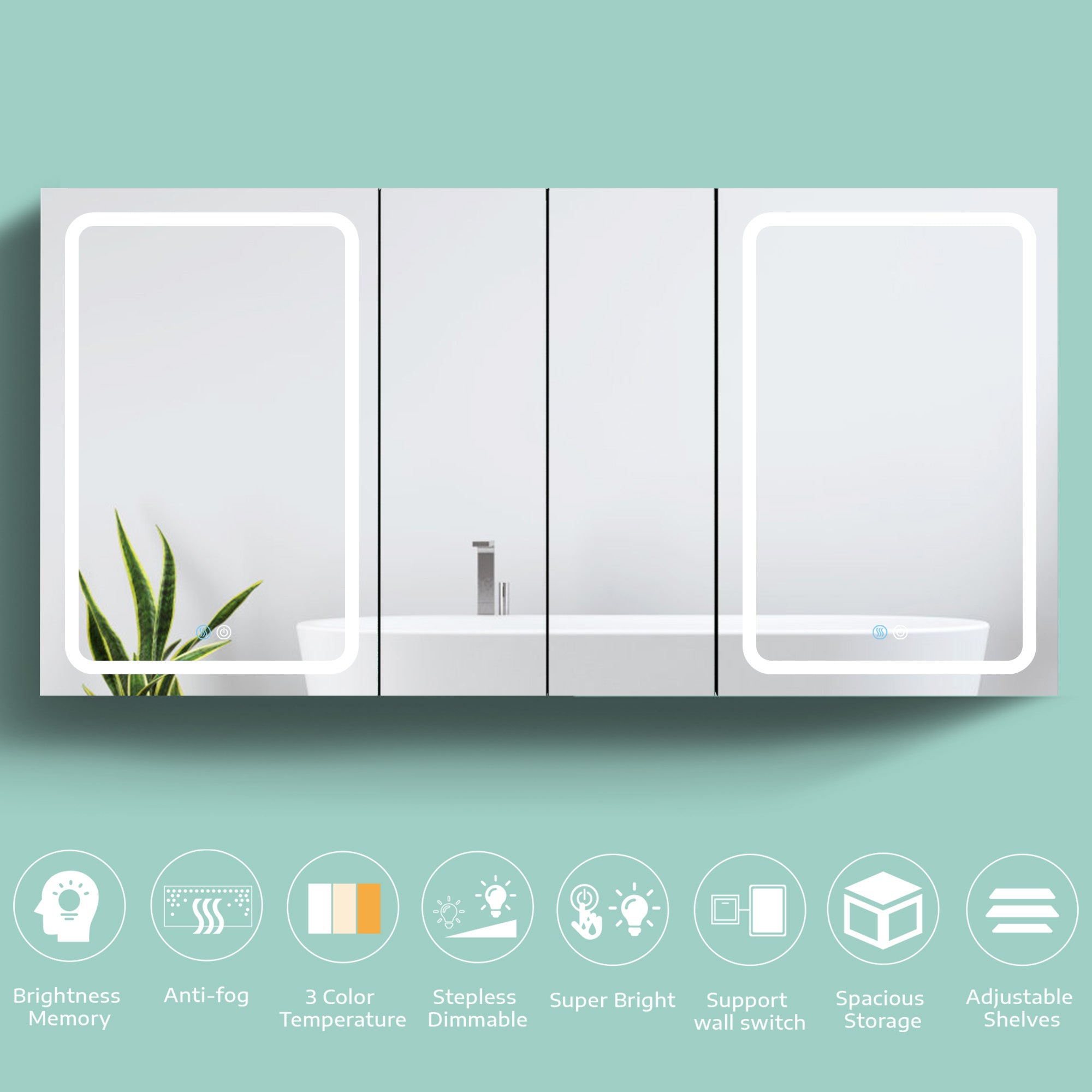 60x30 Inch LED Bathroom Medicine Cabinet Surface Mount Double Door Lighted Medicine Cabinet, Medicine Cabinets for Bathroom with Mirror Defogging, Dimmer White