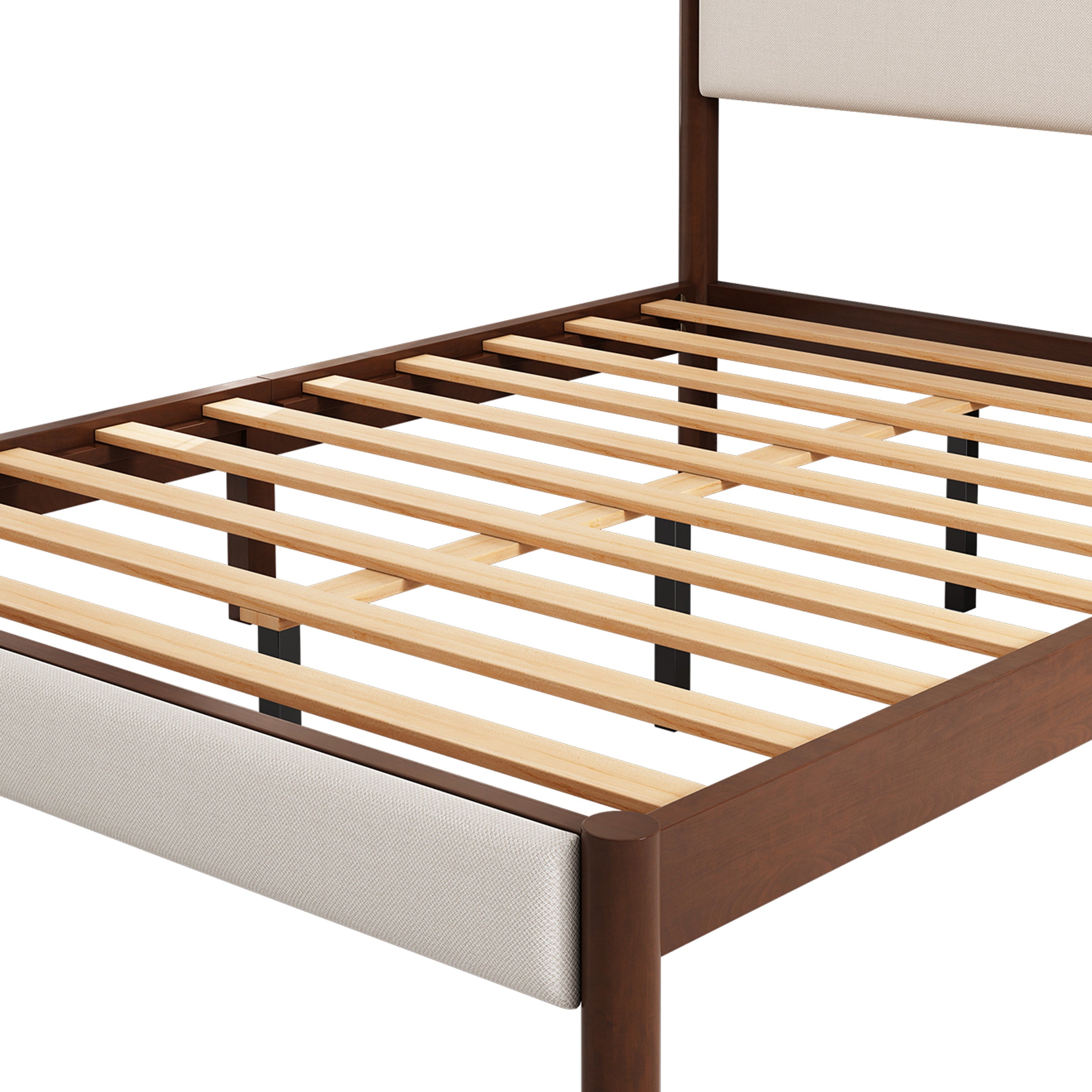 Mid Century Modern Upholestery Platform Bed with Walnut Wood Frame, Queen