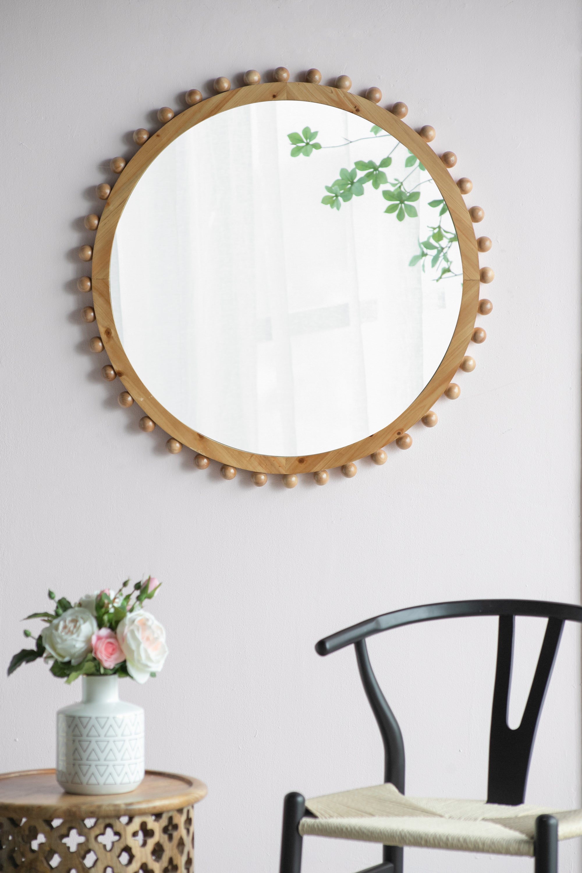 D34" Wood Round Mirror with Beaded Frame, Circle Wall Mirror for Living Room Bedroom Entryway