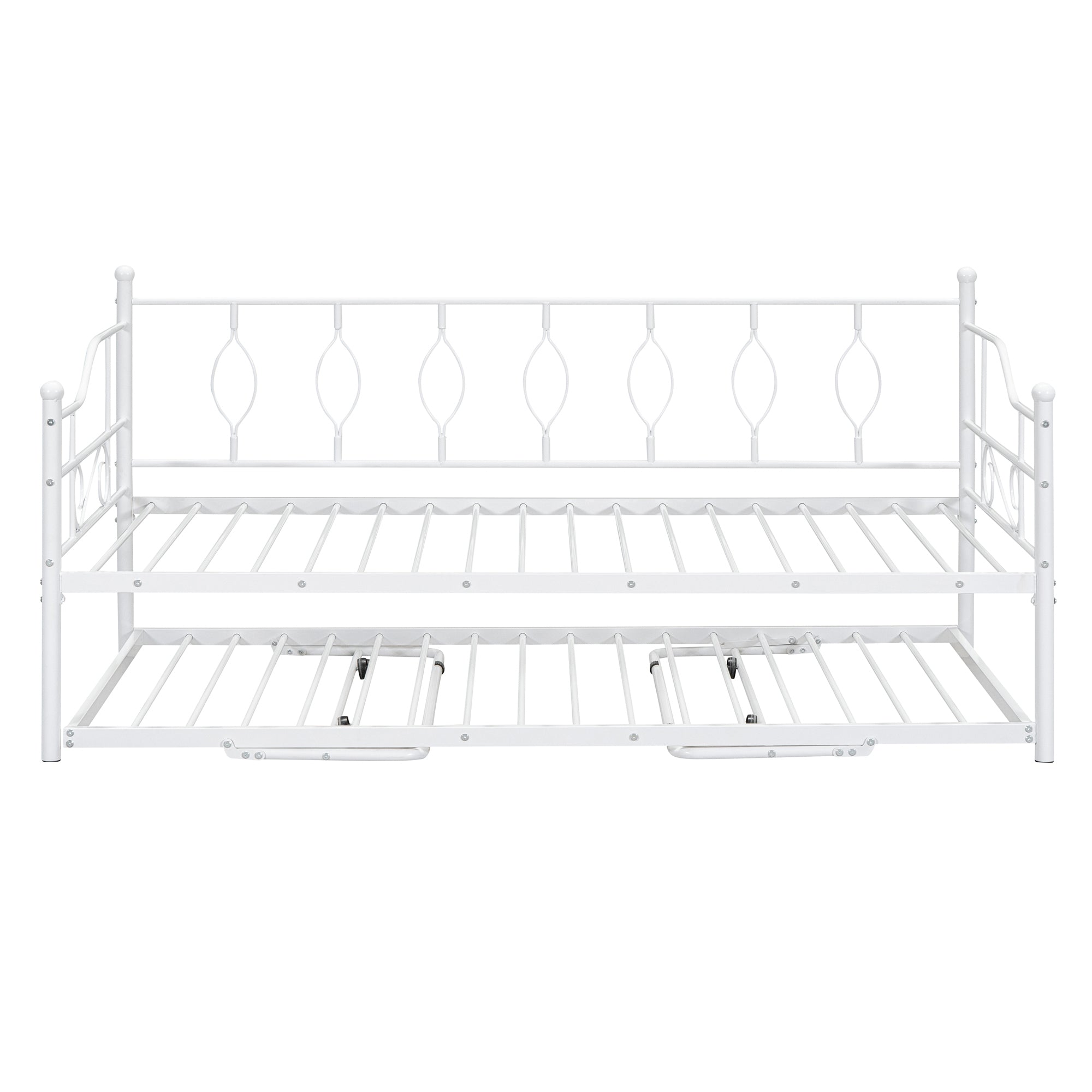 Twin Size Metal Daybed with Twin Size Adjustable Trundle, Portable Folding Trundle, White