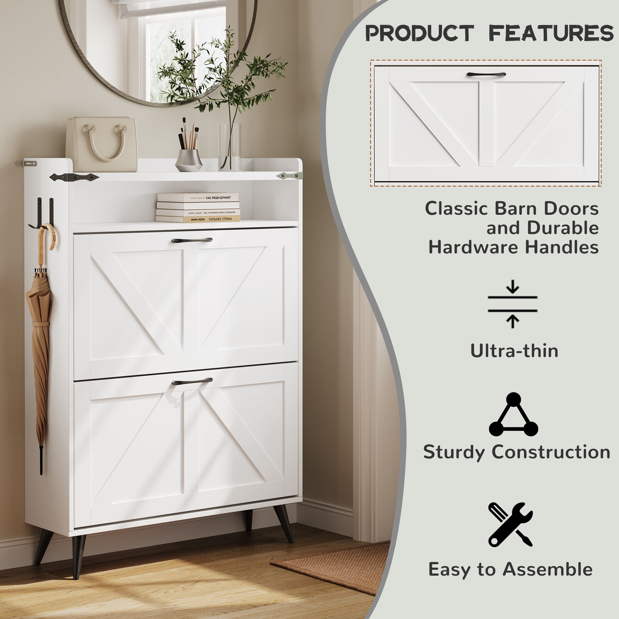 Farmhouse Shoe Rack, Freestanding Shoe Cabinet with 2 Flip Drawers for Entryway