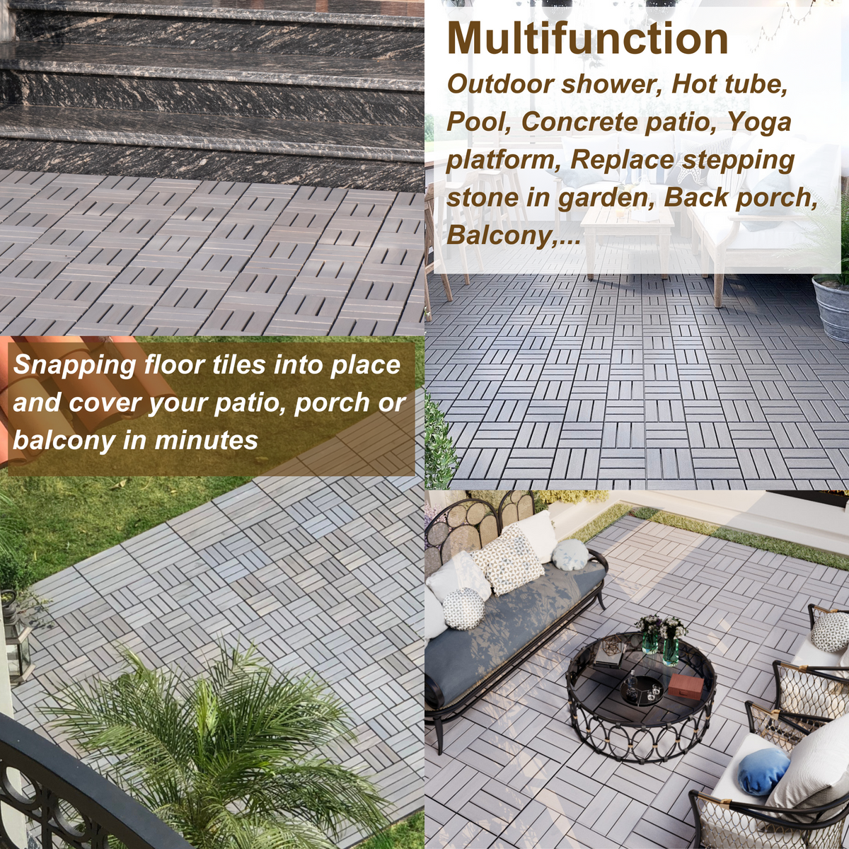 30 PCS Interlocking Deck Tiles Checker Pattern, 12" x 12" Square Light Gray Acacia Hardwood Outdoor Flooring for Patio, Bancony, Pool Side,...
