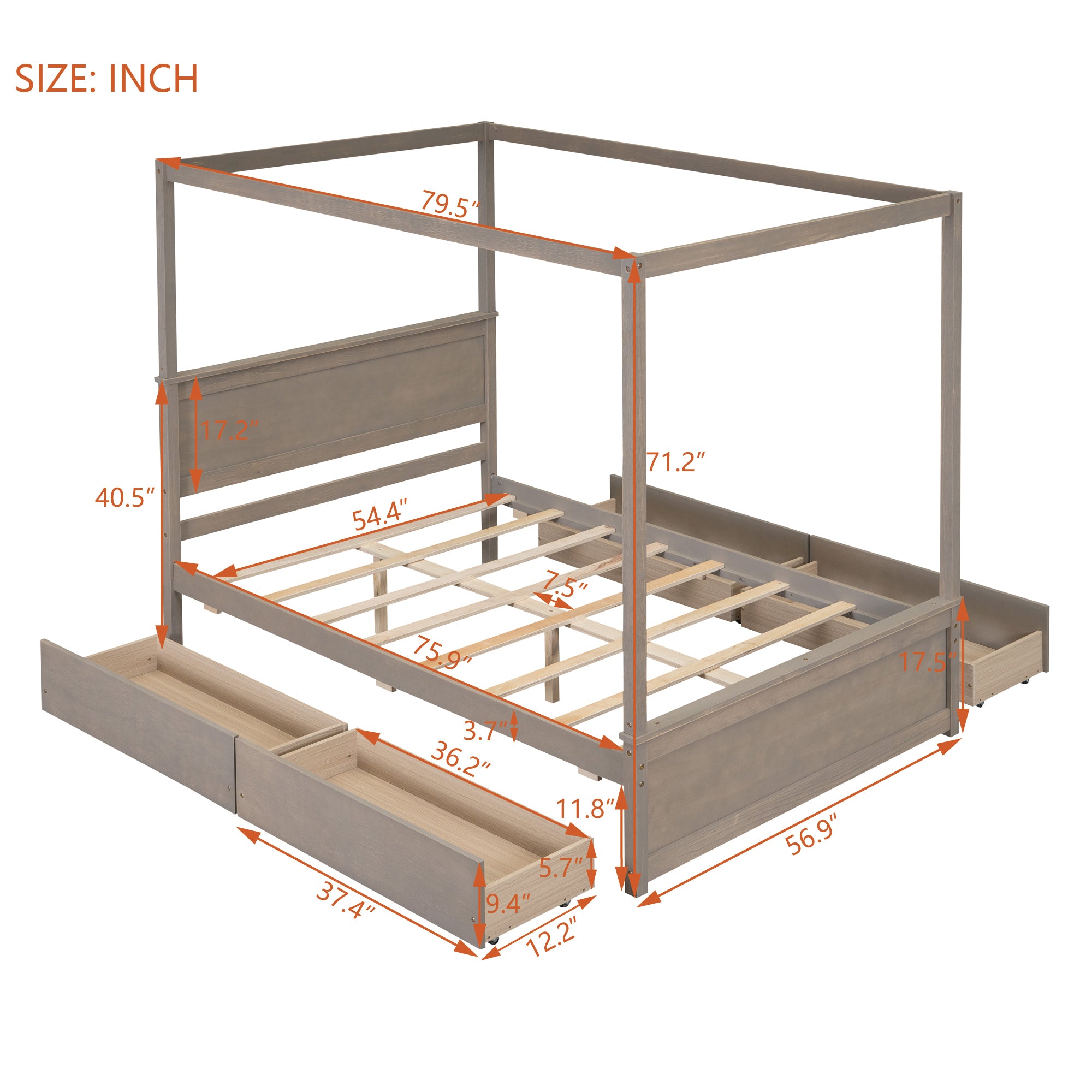Wood Canopy Bed with four Drawers ,Full Size Canopy Platform Bed With Support Slats .No Box Spring Needed, Brushed Light Brown