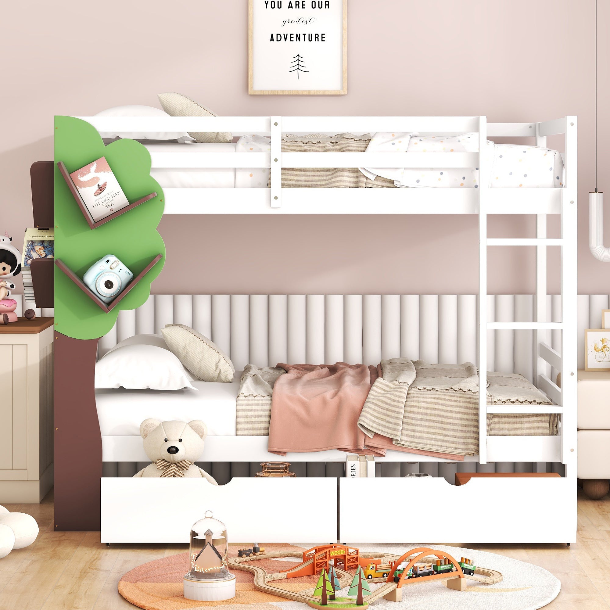 Twin-Over-Twin Bunk Bed with a Tree Decor and Two Storage Drawers, White