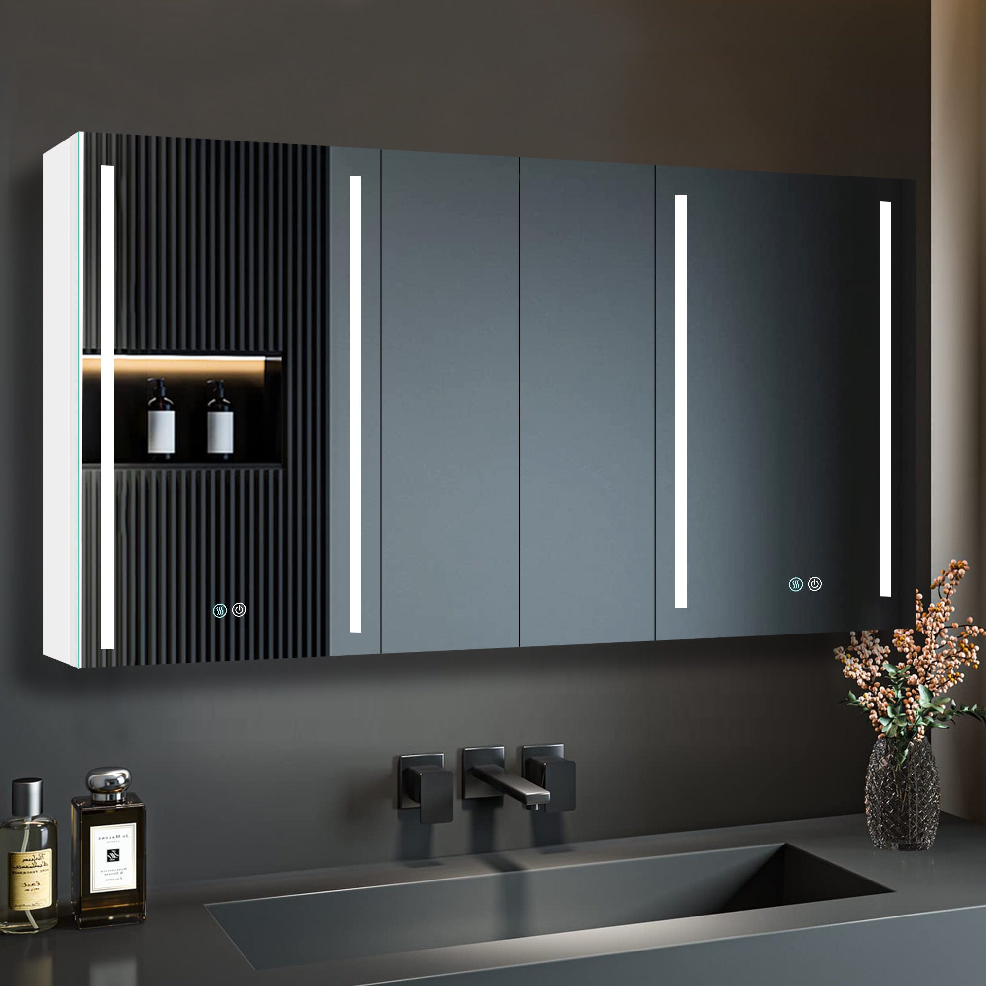 60x30 Inch LED Bathroom Medicine Cabinet Surface Mount Double Door Lighted Medicine Cabinet, Medicine Cabinets for Bathroom with Mirror Defogging, Dimmer White