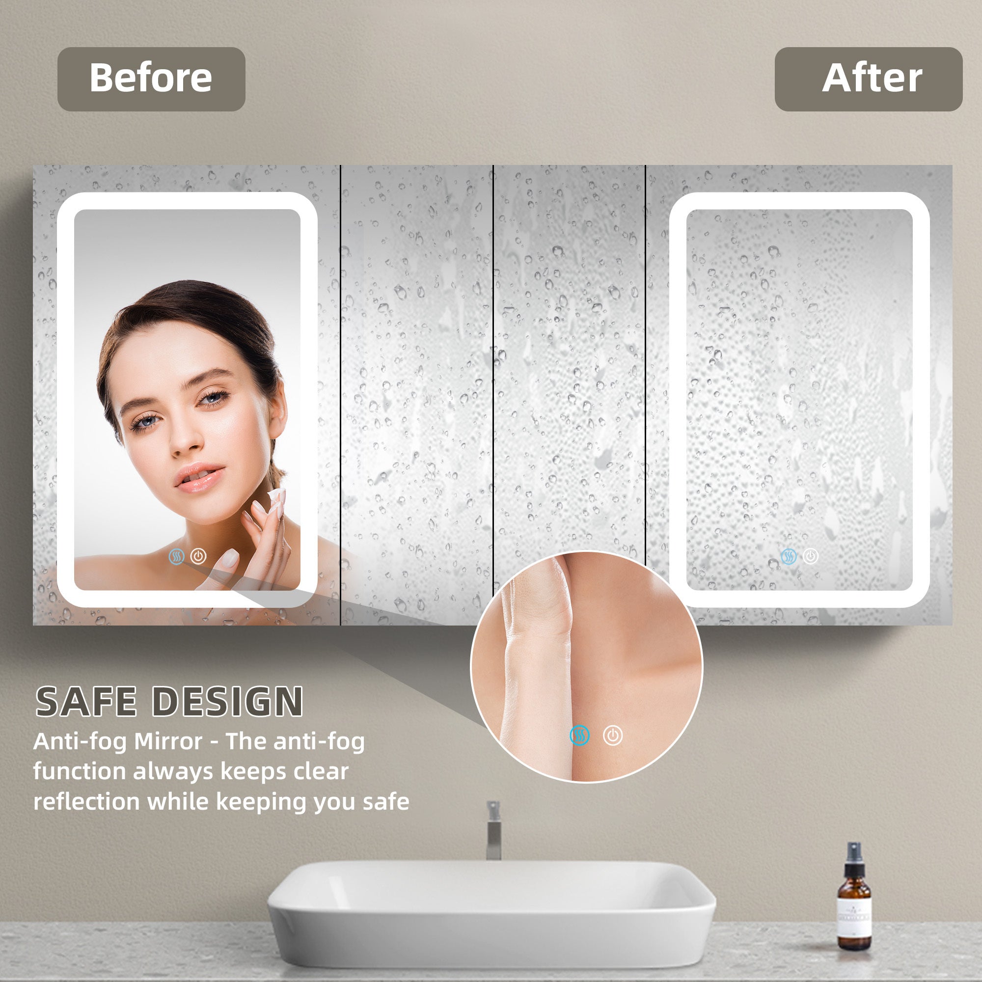 60x30 Inch LED Bathroom Medicine Cabinet Surface Mount Double Door Lighted Medicine Cabinet, Medicine Cabinets for Bathroom with Mirror Defogging, Dimmer White