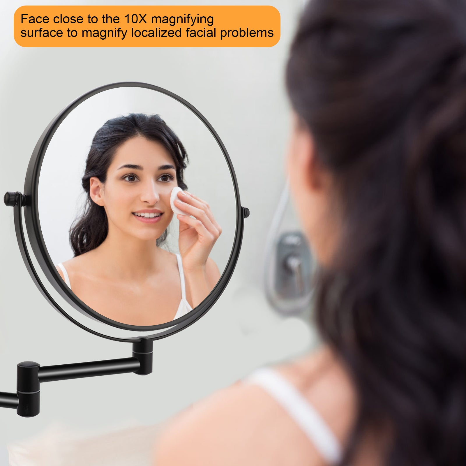 8 Inch Wall Mounted Makeup Vanity Mirror, Double Sided 1x/10x Magnifying Mirror, 360° Swivel with Extension Arm Bathroom Mirror (Black)