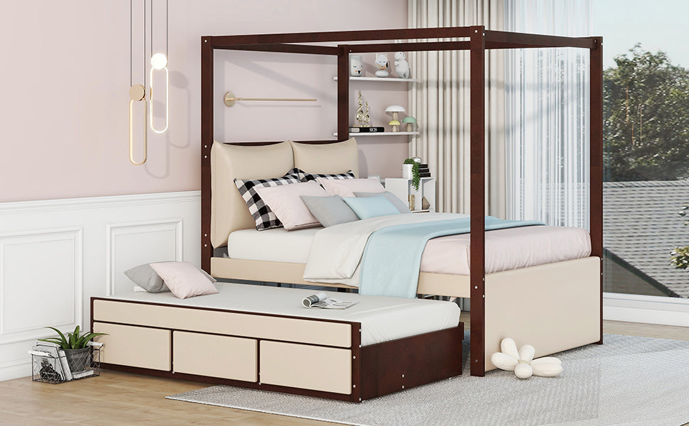 Full Size Upholstered Canopy Bed with Trundle and 3 Drawers, Beige