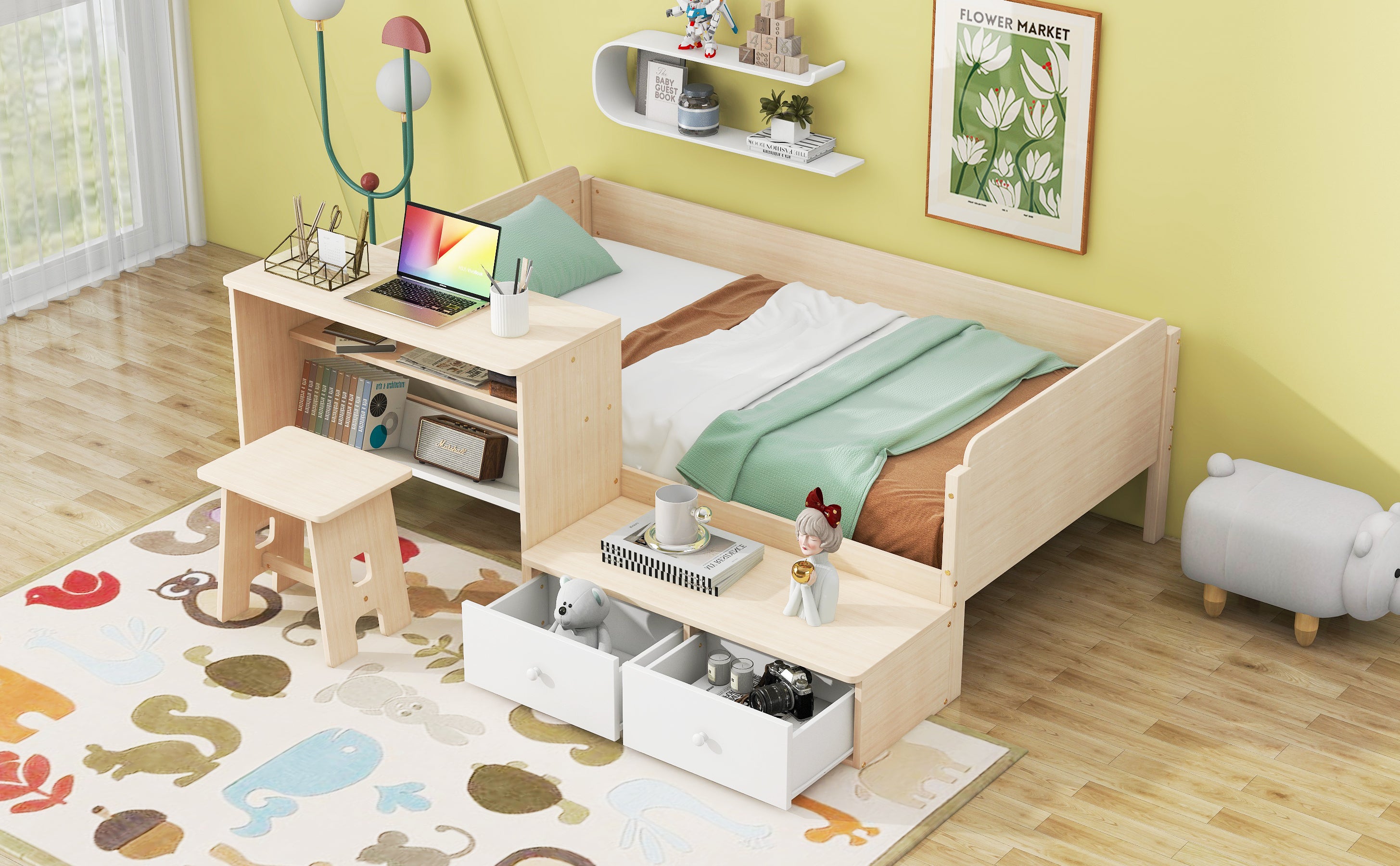 Wood Twin Size Platform Bed with 2 Drawers and 1 Chair&Desk Set, Natural+White(Expected Arrival Time: 11.22)