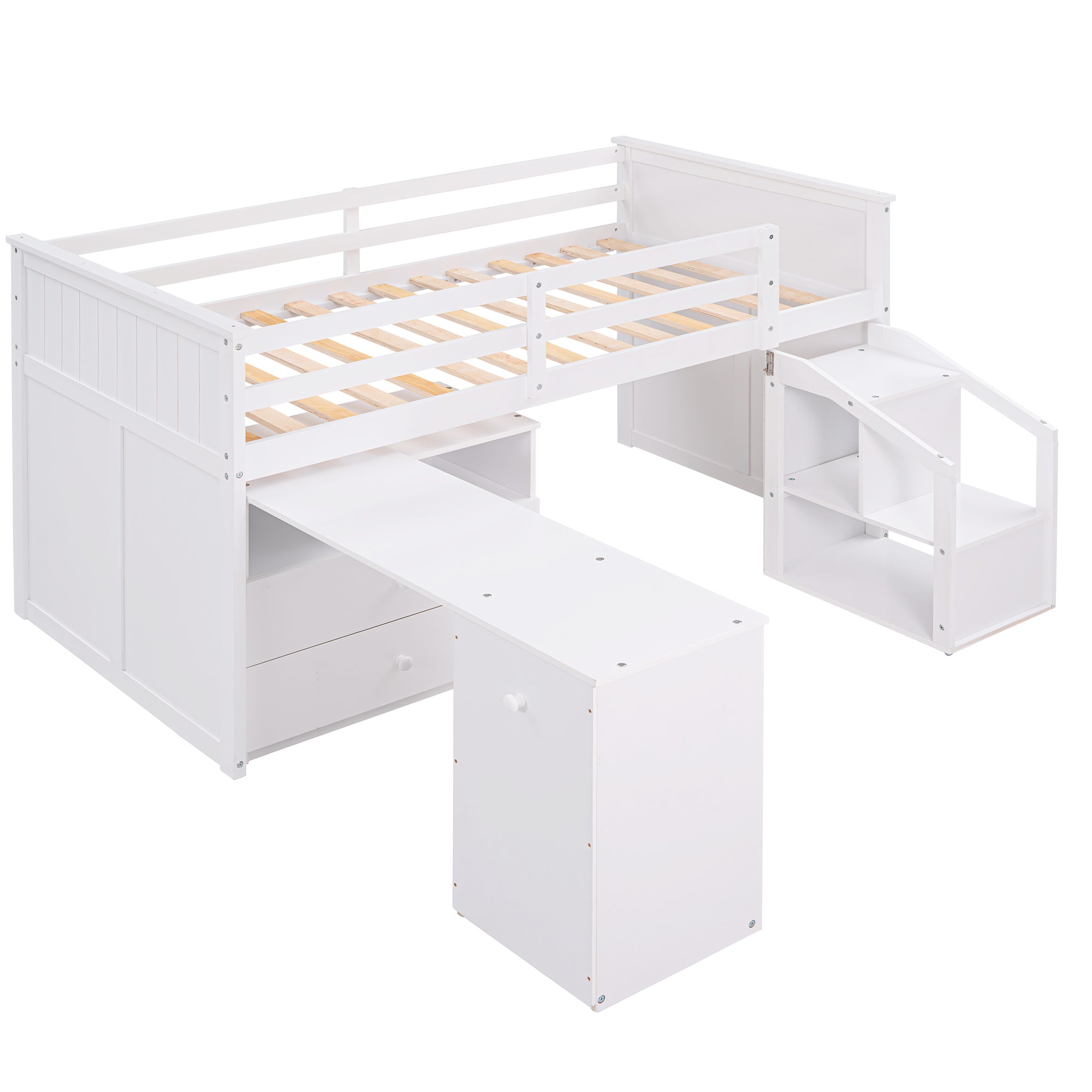 Loft Bed Low Study Twin Size Loft Bed With Storage Steps and Portable,Desk,White(OLD SKU: LT000101AAK)