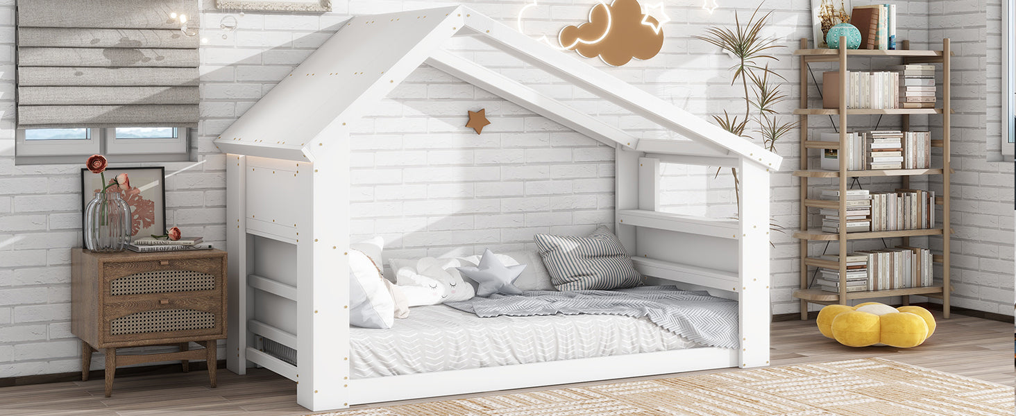 Twin House Floor Bed with Roof Window, LED Light,White