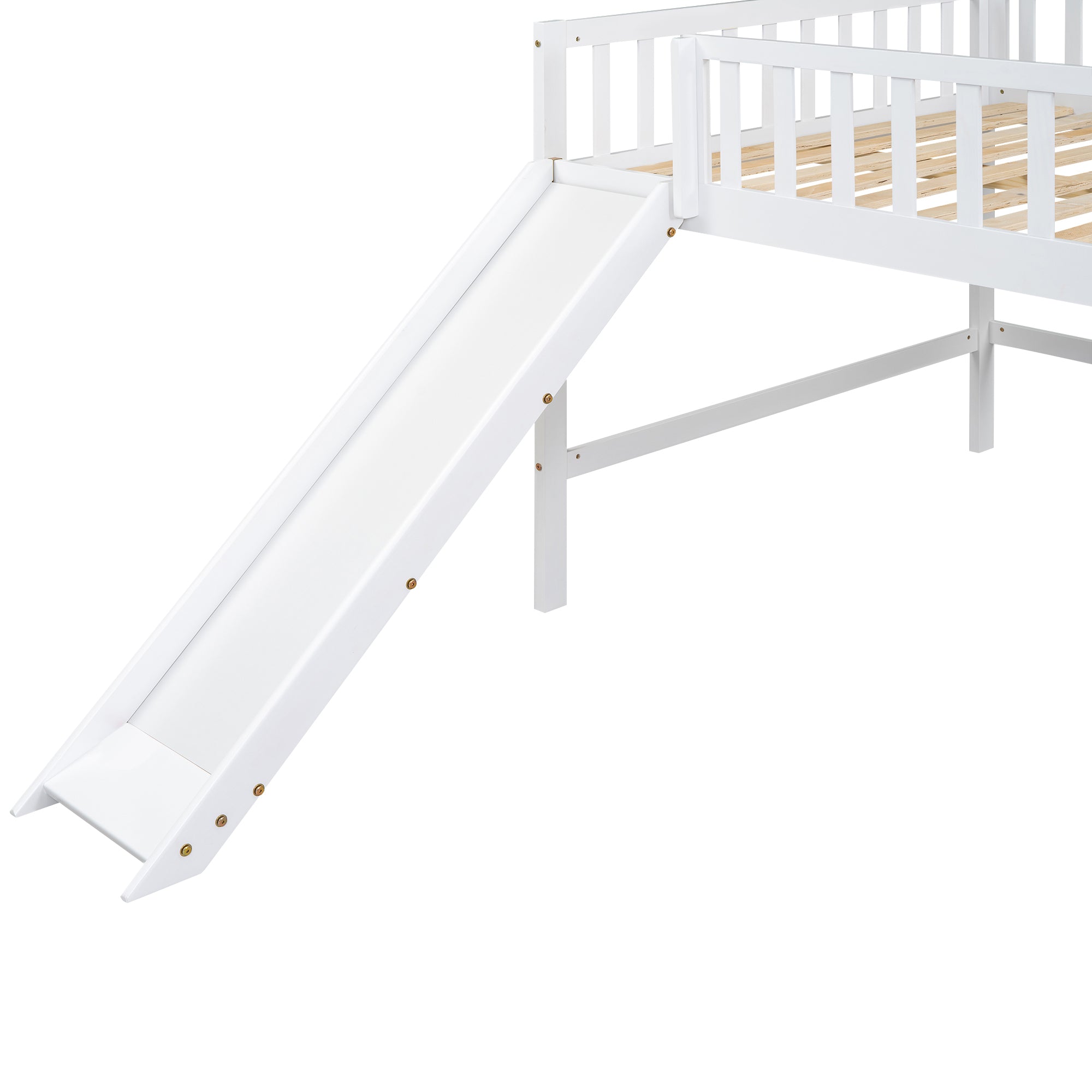 Full Size Low Loft Bed with Ladder and Slide,White
