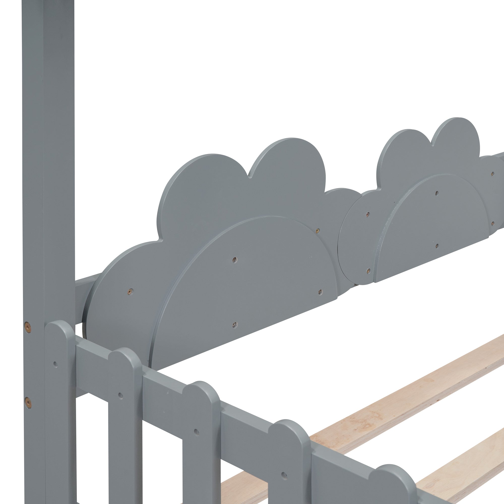 Twin Size Platform Bed with Windmill and Flower Decor, House Bed with Desk and two Handles, Gray