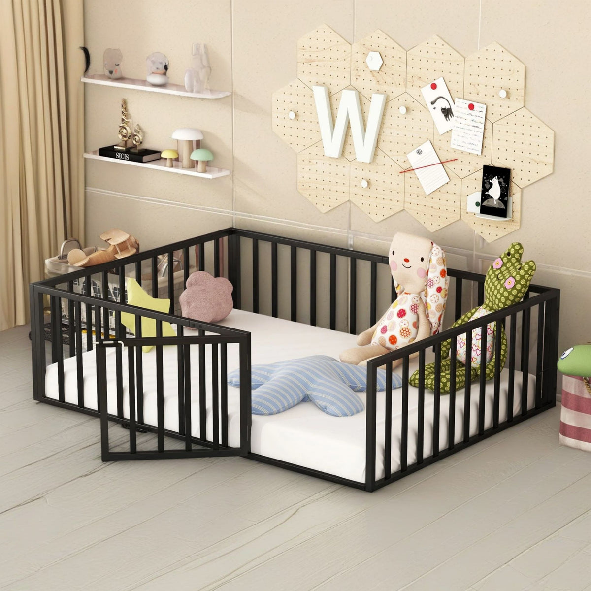 Metal Floor Fence Bed, Montessori Bedframe, with Safety Guardrail and Door