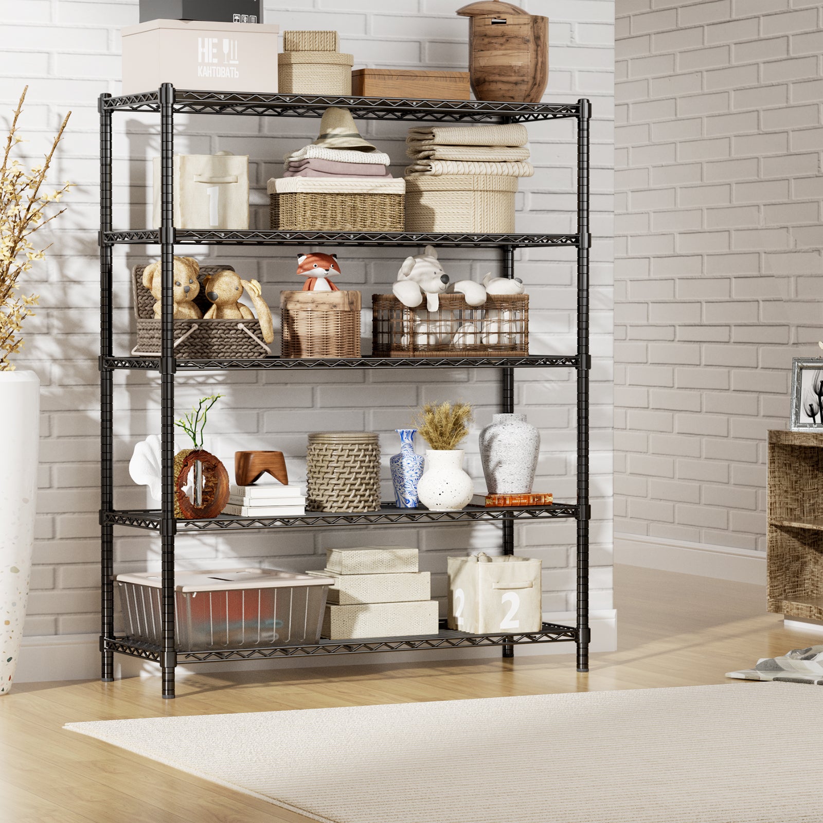 5-Tier Height-Adjustable Garage Wire Shelving Unit for Kitchen, Laundry Room, Pantry, Warehouse, Basement