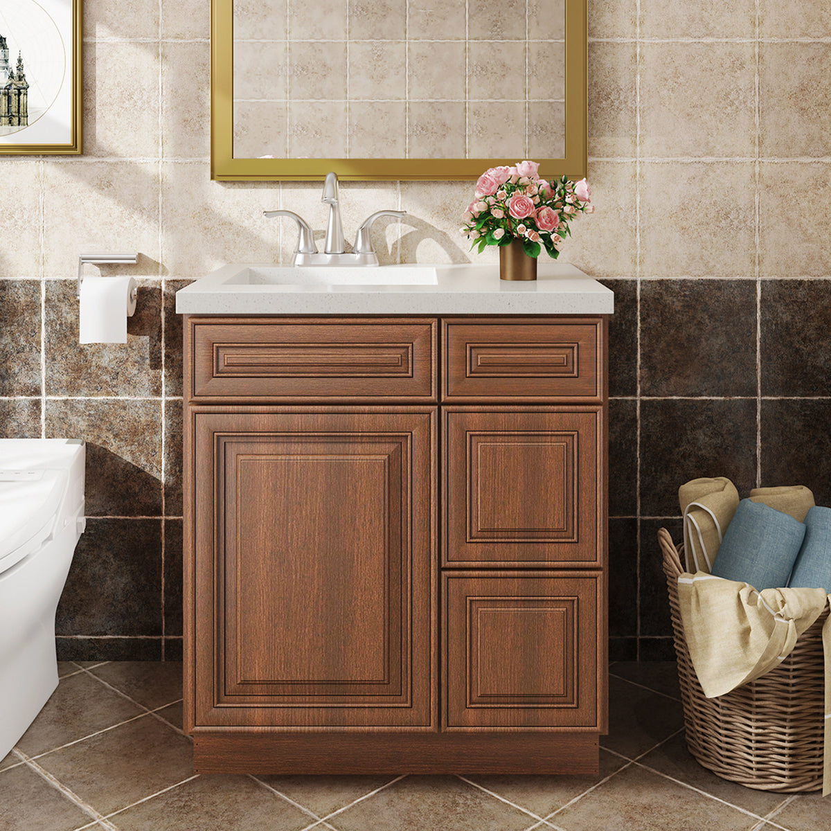 V Series One Left Door Three Drawer Bathroom Vanity Base Cabinet, Kitchen Cabinet